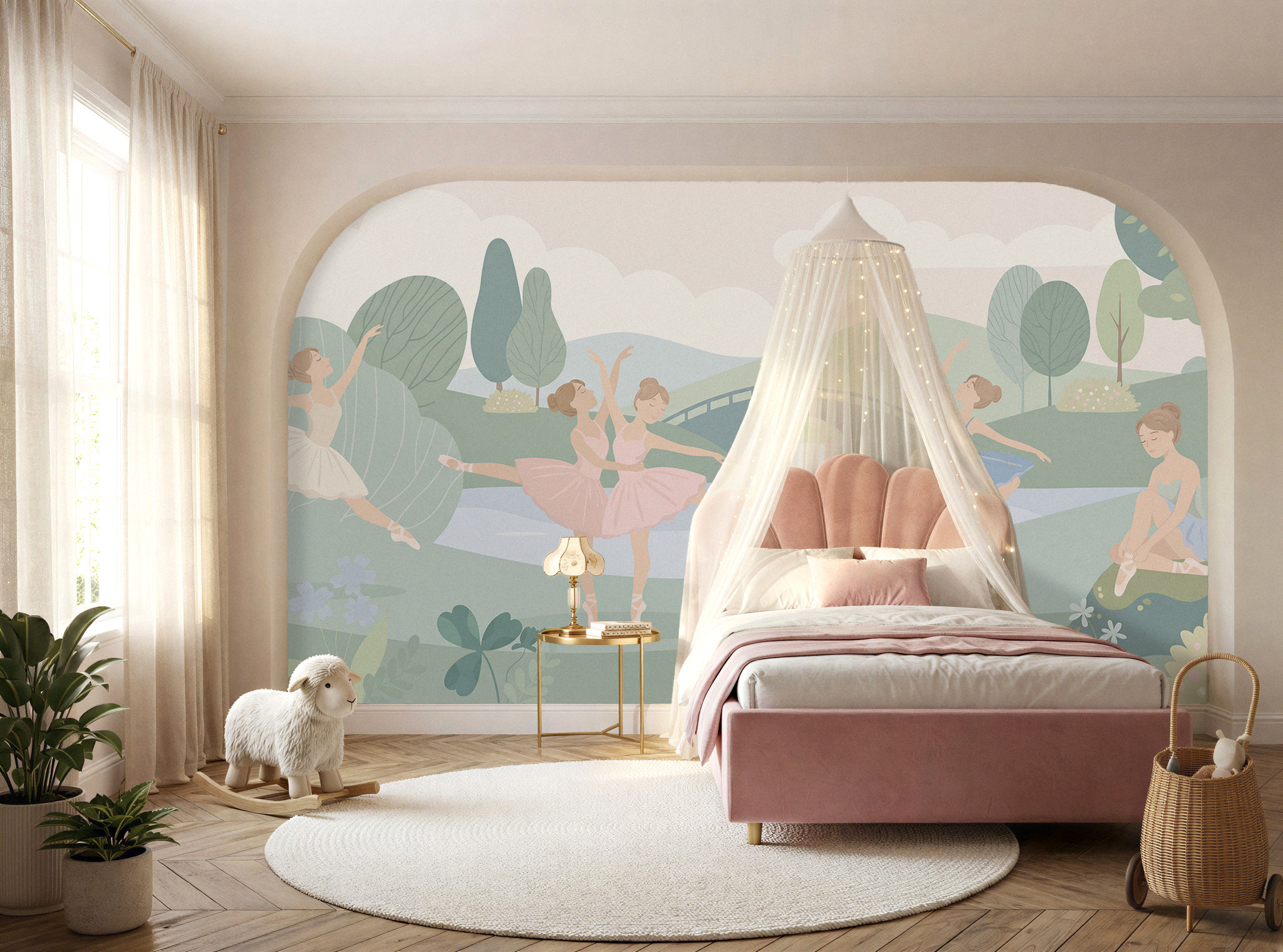 Musee | Meadow Ballet Wall Mural Musee whimsical wallpaper for girls room featuring ballerinas dancing in a scenic pastoral garden with a bridge and trees.