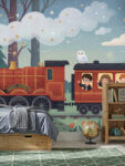 Musee Magic Express kids wallpaper: red steam train, castle, fairies & owl illustration.