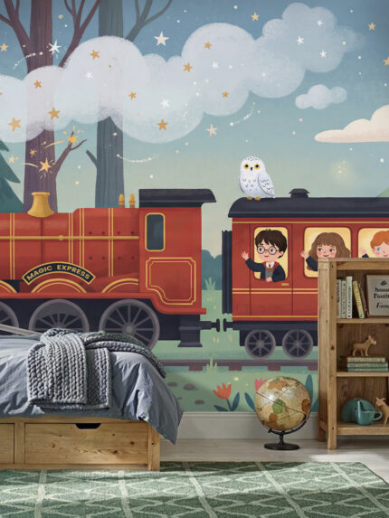 Musee Magic Express kids wallpaper: red steam train, castle, fairies & owl illustration.