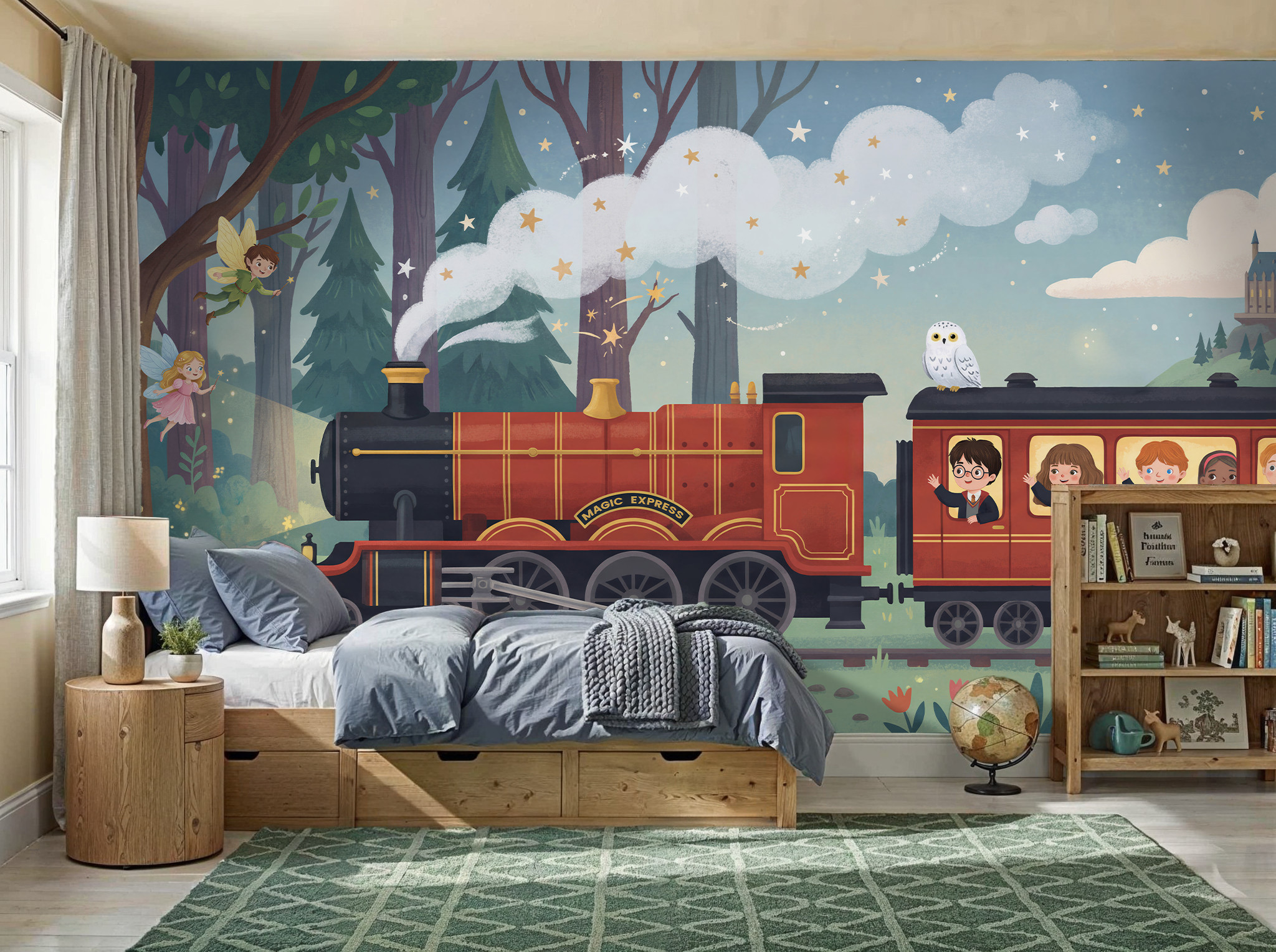 Musee | Magic Express Wall Mural Musee Magic Express kids wallpaper: red steam train, castle, fairies & owl illustration.