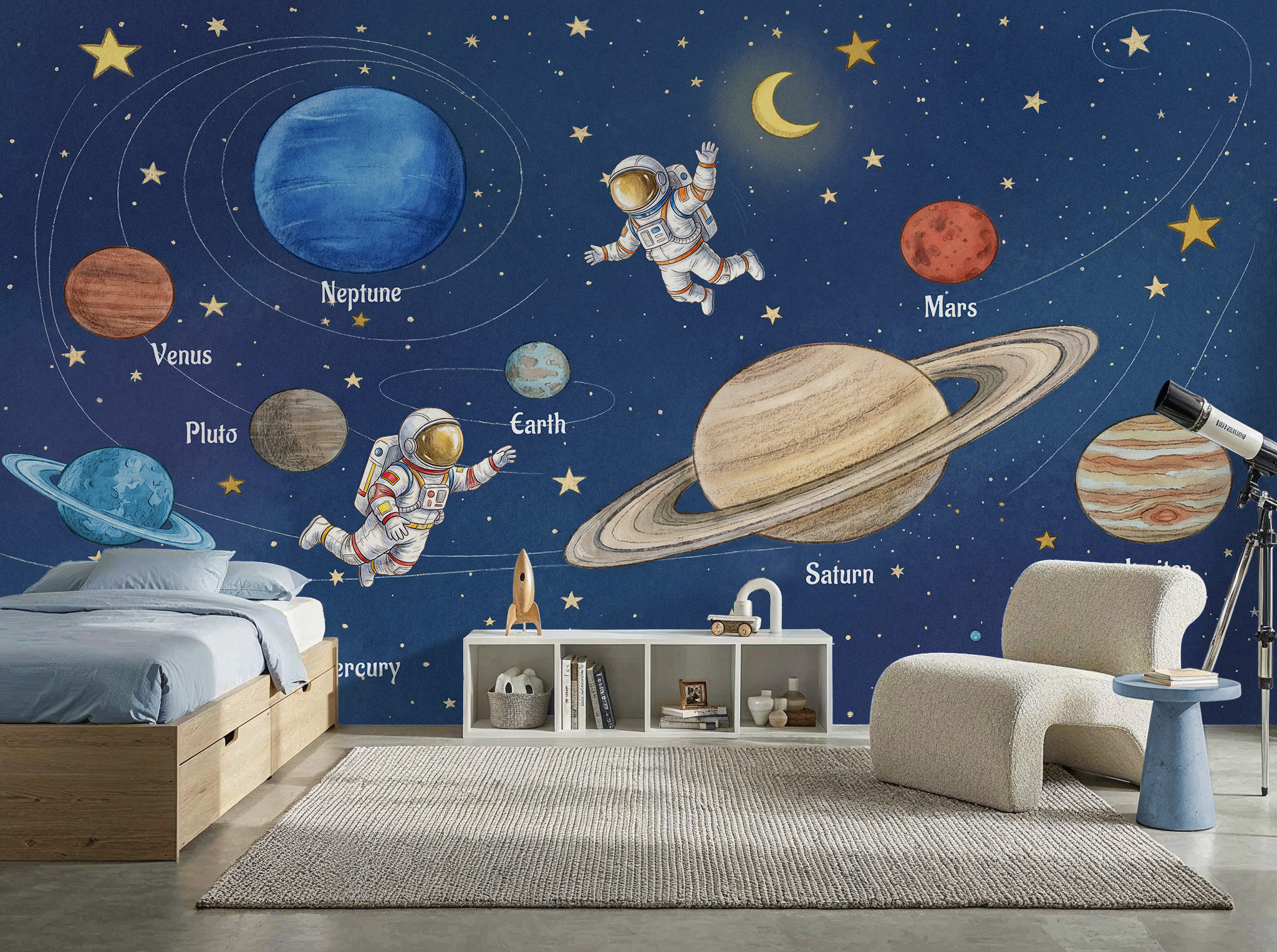Musee | Little Astronaut’s Journey Wall Mural Musee educational watercolor space wallpaper for kids room