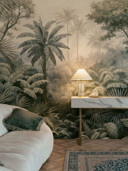 Vintage style tropical rainforest wall mural featuring palm trees, ferns, and misty jungle depth, artistic botanical wallpaper design by Musee.