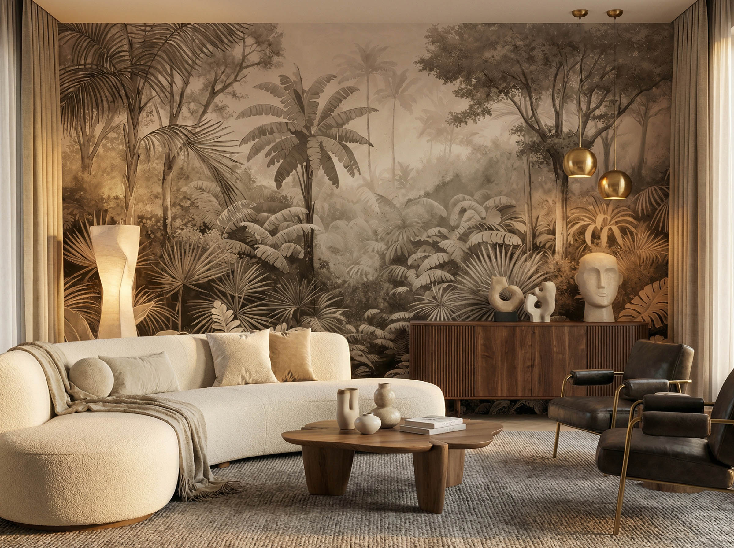 Musee | Misty Grove Wall Mural Vintage style tropical rainforest wall mural featuring palm trees, ferns, and misty jungle depth, artistic botanical wallpaper design by Musee.