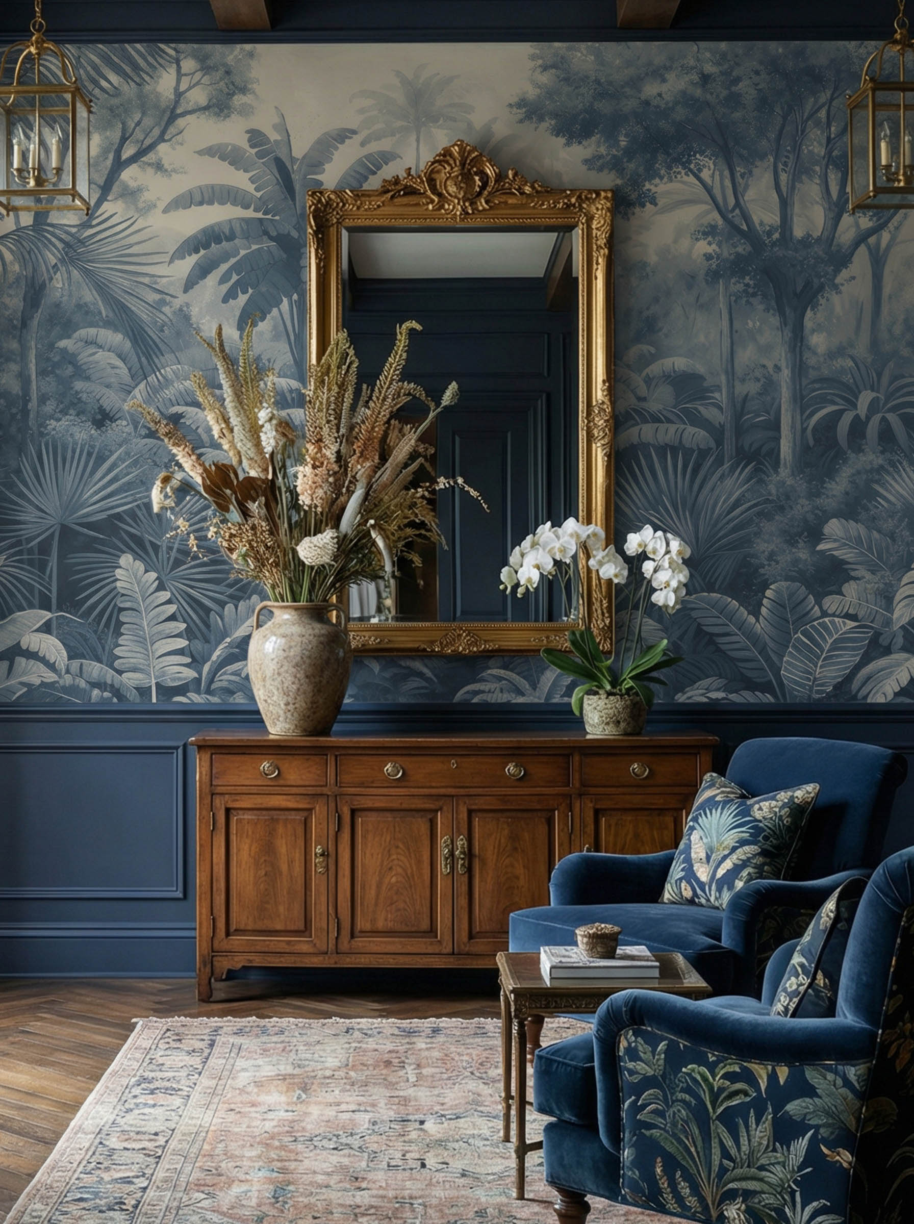 Musee | Misty Grove Wall Mural Vintage style tropical rainforest wall mural featuring palm trees, ferns, and misty jungle depth, artistic botanical wallpaper design by Musee.