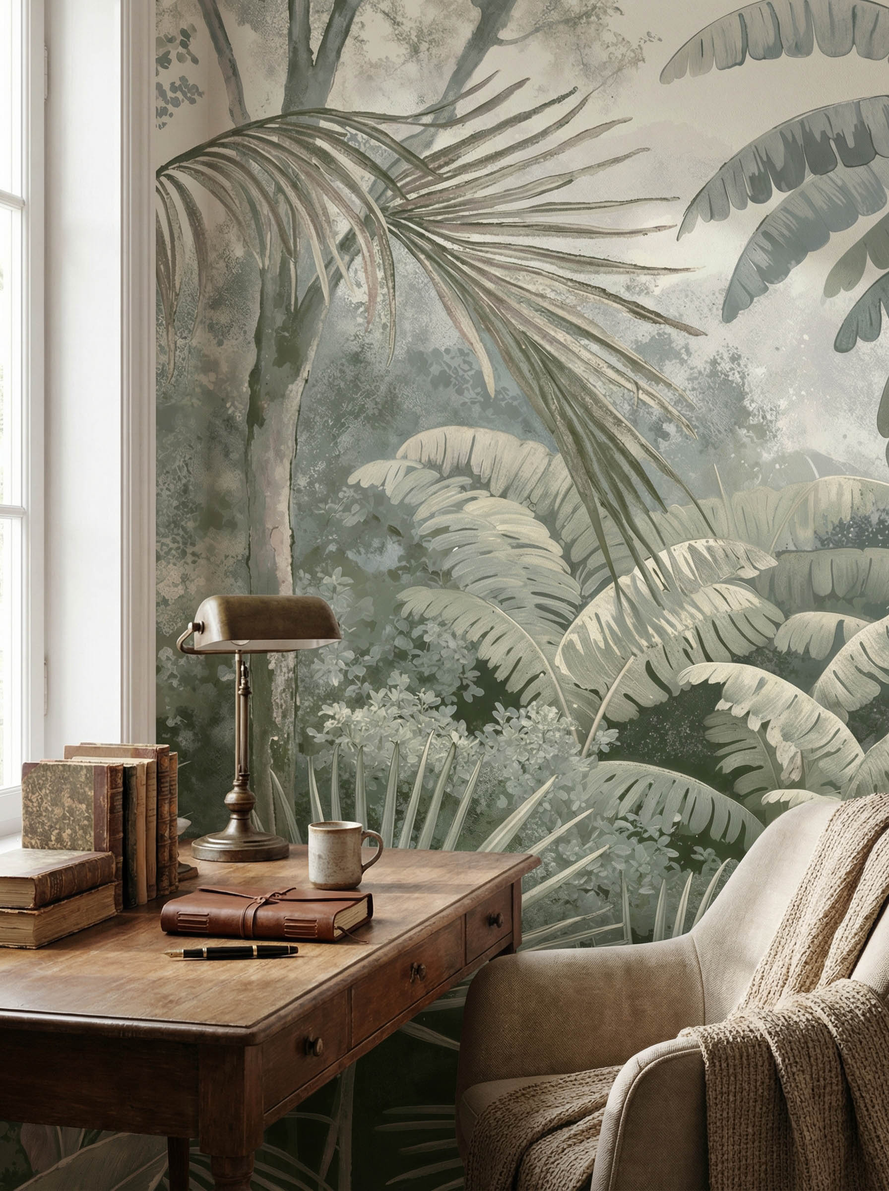 Musee | Misty Grove Wall Mural Vintage style tropical rainforest wall mural featuring palm trees, ferns, and misty jungle depth, artistic botanical wallpaper design by Musee.