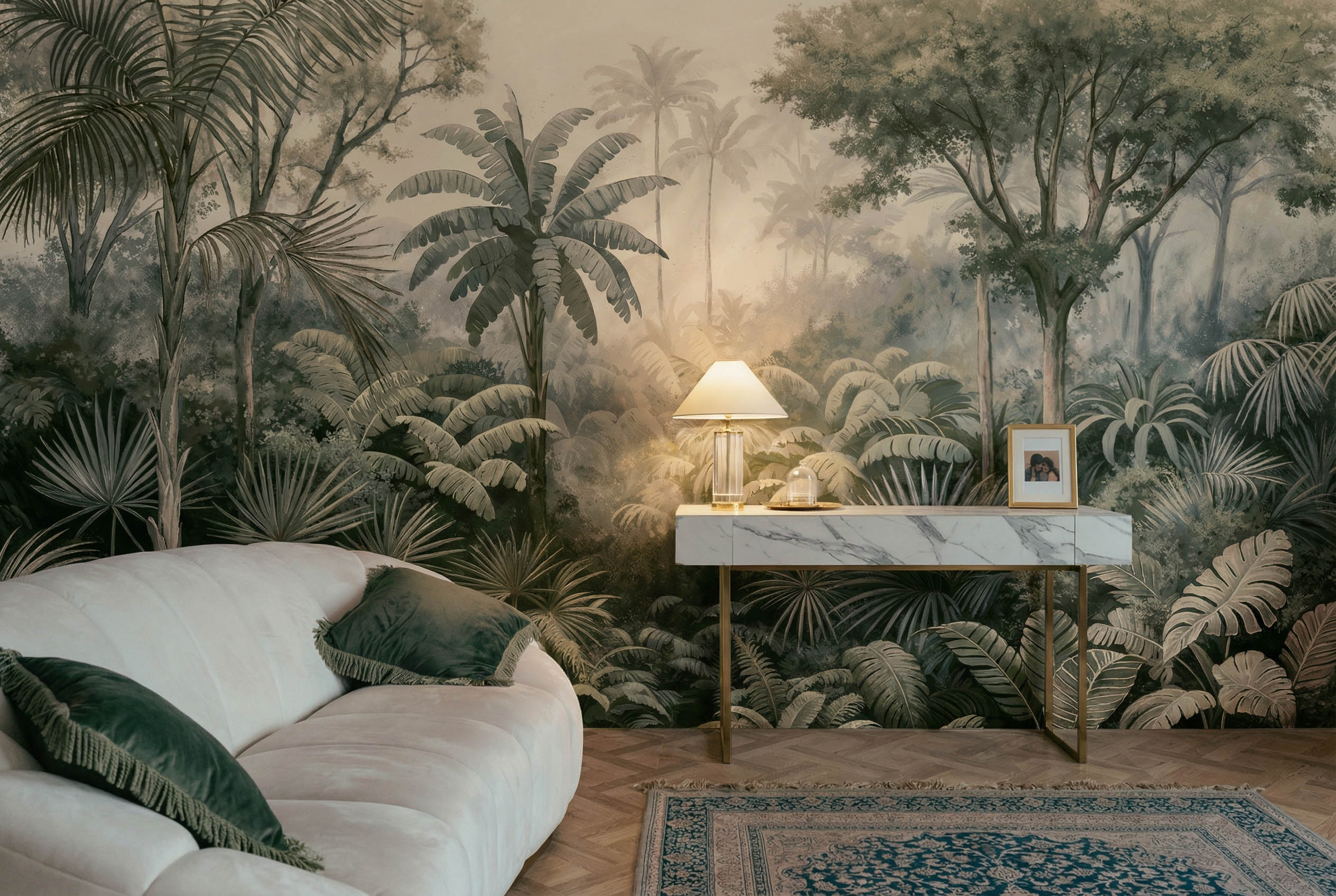 Musee | Misty Grove Wall Mural Vintage style tropical rainforest wall mural featuring palm trees, ferns, and misty jungle depth, artistic botanical wallpaper design by Musee.