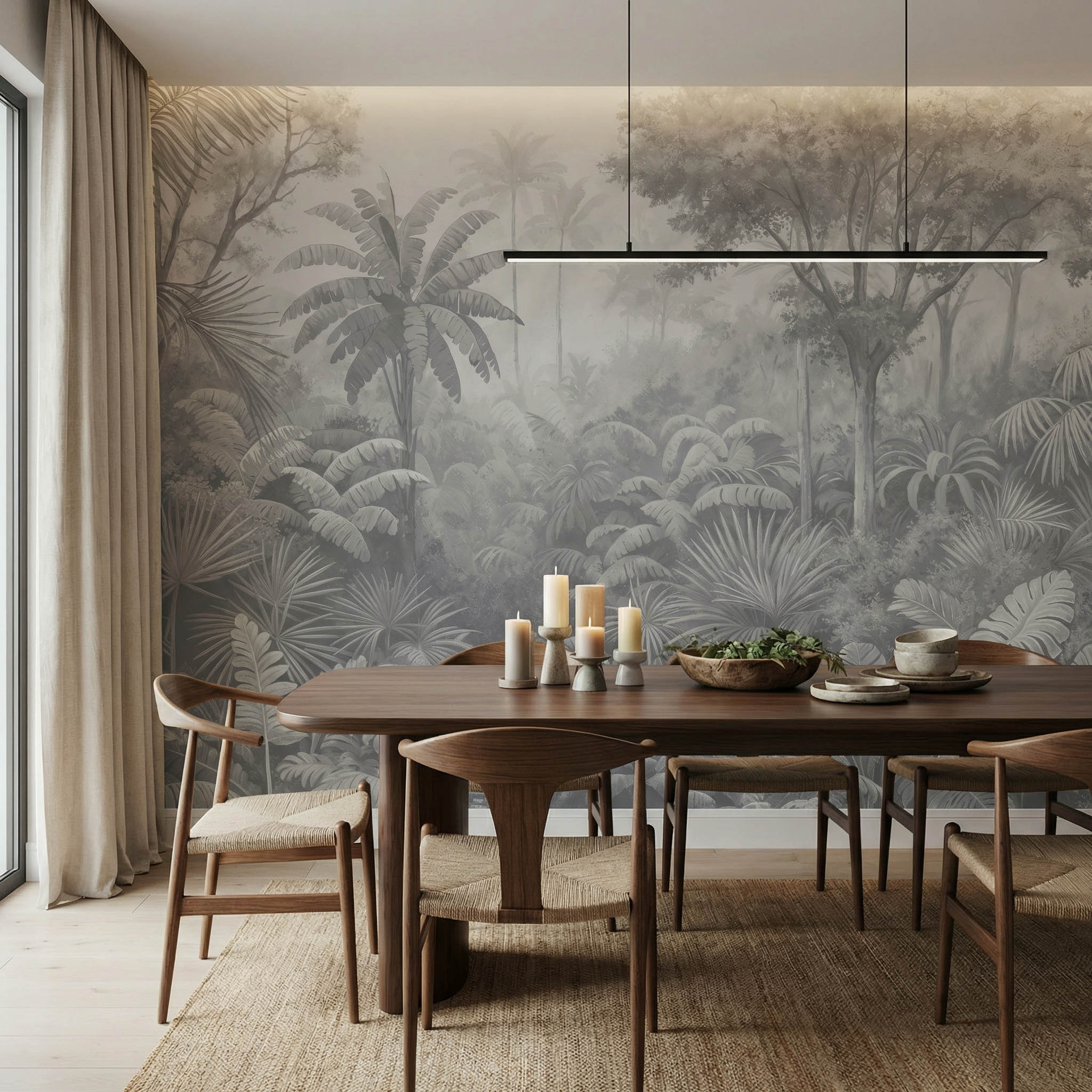 Musee | Misty Grove Wall Mural Vintage style tropical rainforest wall mural featuring palm trees, ferns, and misty jungle depth, artistic botanical wallpaper design by Musee.