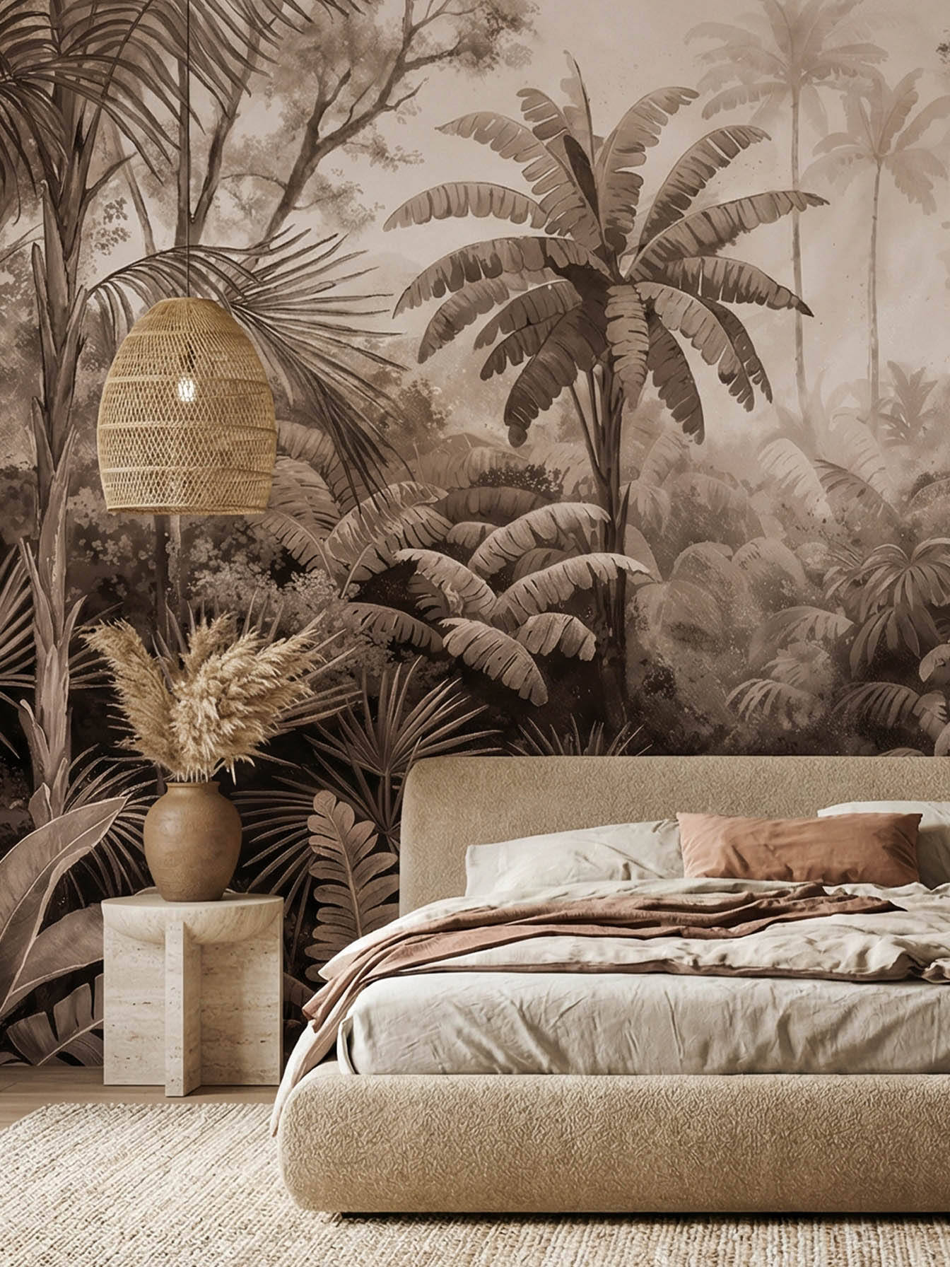 Musee | Misty Grove Wall Mural Vintage style tropical rainforest wall mural featuring palm trees, ferns, and misty jungle depth, artistic botanical wallpaper design by Musee.