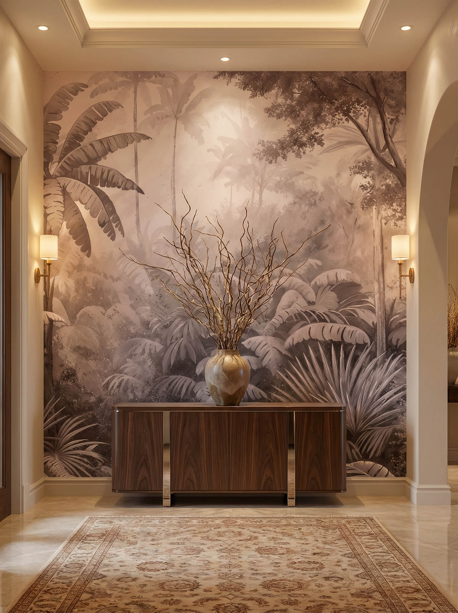 Musee | Misty Grove Wall Mural Vintage style tropical rainforest wall mural featuring palm trees, ferns, and misty jungle depth, artistic botanical wallpaper design by Musee.