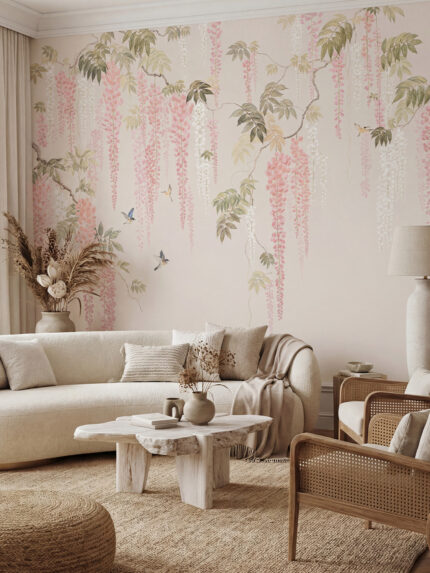 Hand-painted Chinoiserie wallpaper mural by Musee featuring cascading wisteria flowers and small birds