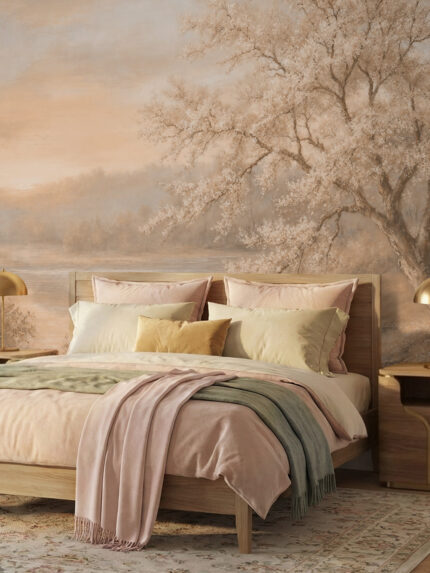 Artistic landscape wall mural depicting a serene riverside scene with blossoming trees and flowing water, inspired by classical painting – Musee
