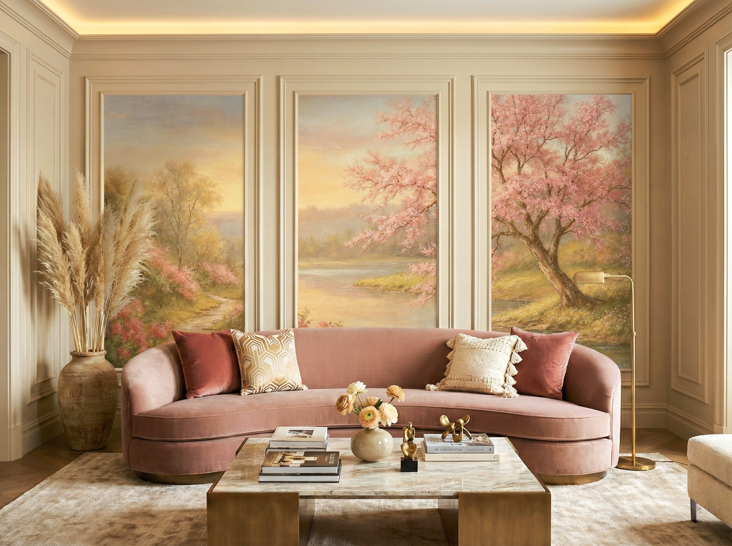 Musee | Silent River Blossom Wall Mural Artistic landscape wall mural depicting a serene riverside scene with blossoming trees and flowing water, inspired by classical painting – Musee