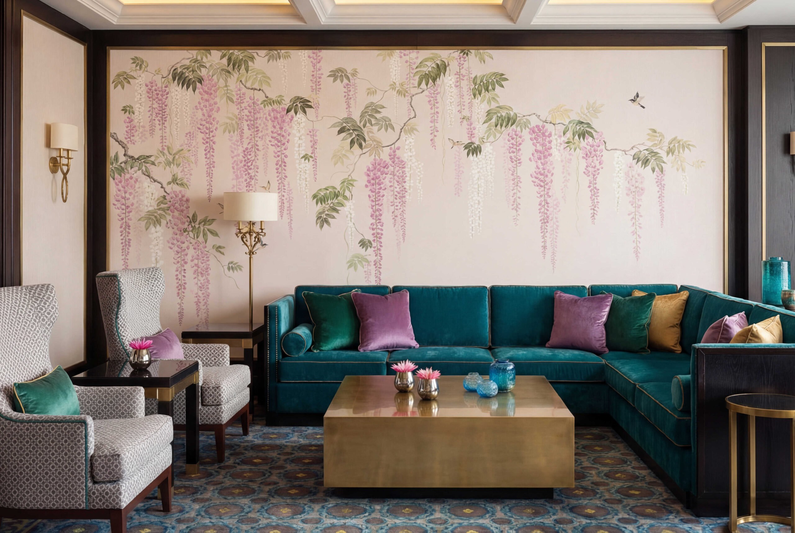 Musee | Wisterias Whisper Wall Mural Hand-painted Chinoiserie wallpaper mural by Musee featuring cascading wisteria flowers and small birds