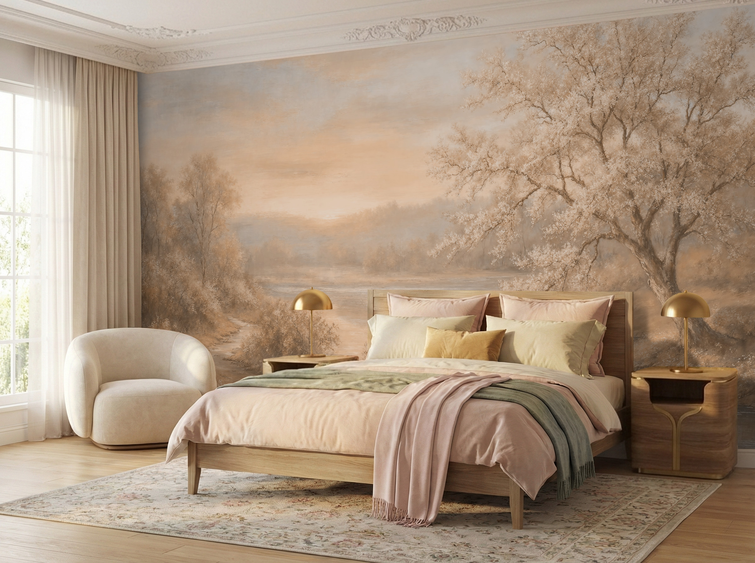 Musee | Silent River Blossom Wall Mural Artistic landscape wall mural depicting a serene riverside scene with blossoming trees and flowing water, inspired by classical painting – Musee