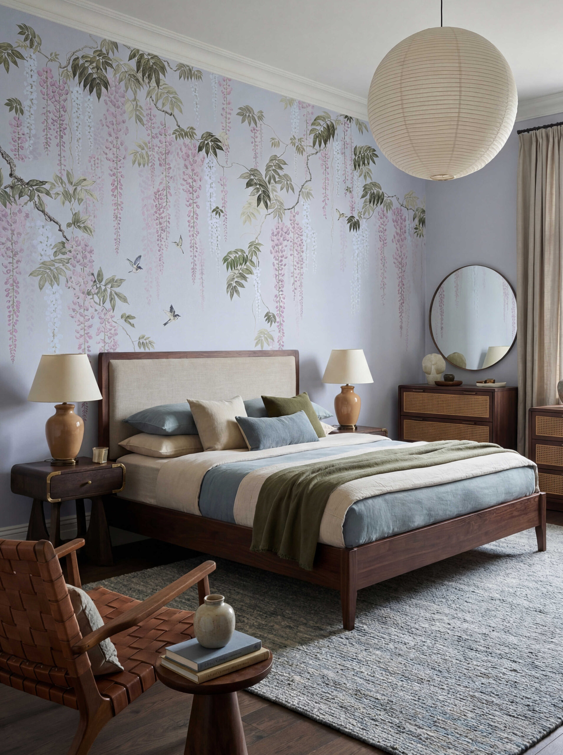 Musee | Wisterias Whisper Wall Mural Hand-painted Chinoiserie wallpaper mural by Musee featuring cascading wisteria flowers and small birds