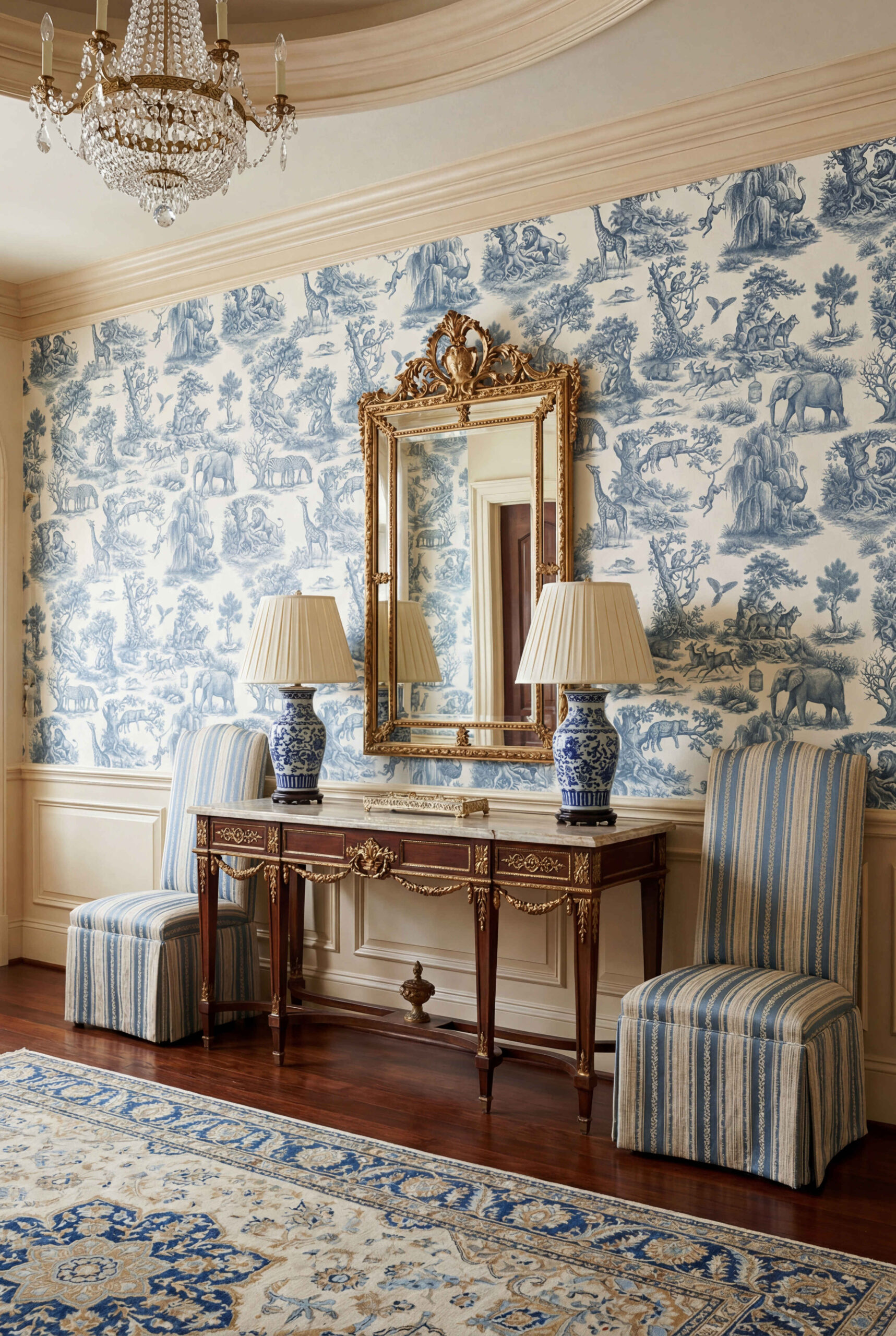 Musee | Wilderness Toile Wallpaper Classic Toile de Jouy wallpaper by Musee featuring intricate engravings of wild animals like giraffes, elephants, lions, and monkeys amidst trees and nature.