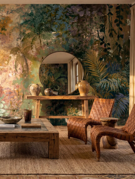 Artistic wall mural by Musee featuring a dense tropical jungle scene with palms and ferns, rendered in a distressed, vintage oil painting style with textured, weathered effects.