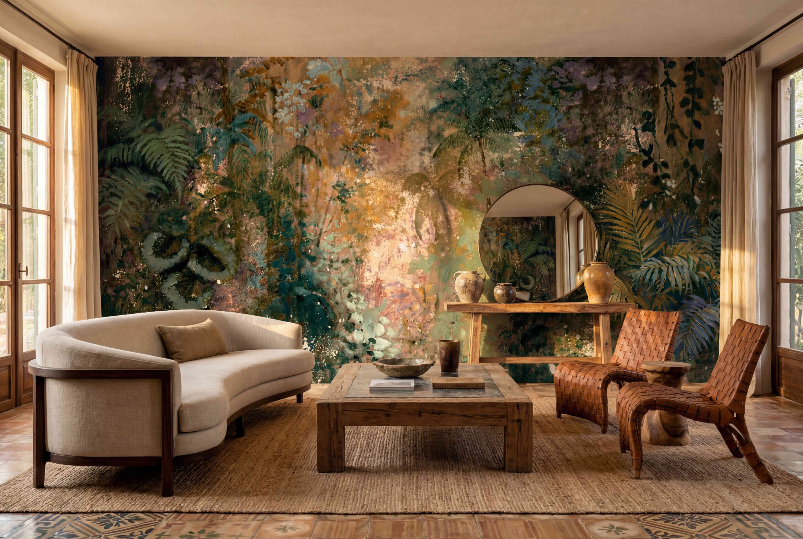 Musee | Tropical Fresco Wall Mural Artistic wall mural by Musee featuring a dense tropical jungle scene with palms and ferns, rendered in a distressed, vintage oil painting style with textured, weathered effects.