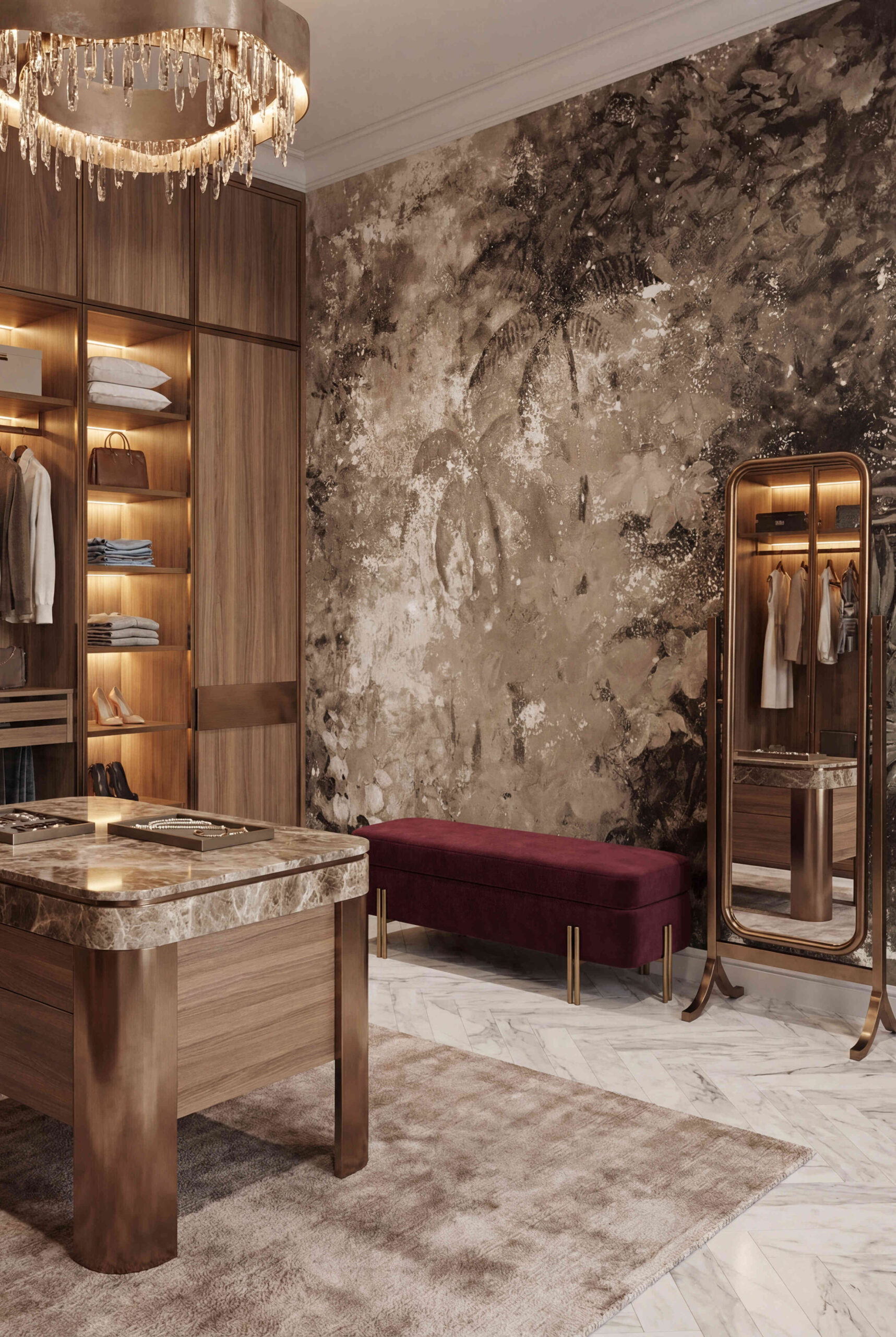 Musee | Tropical Fresco Wall Mural Artistic wall mural by Musee featuring a dense tropical jungle scene with palms and ferns, rendered in a distressed, vintage oil painting style with textured, weathered effects.