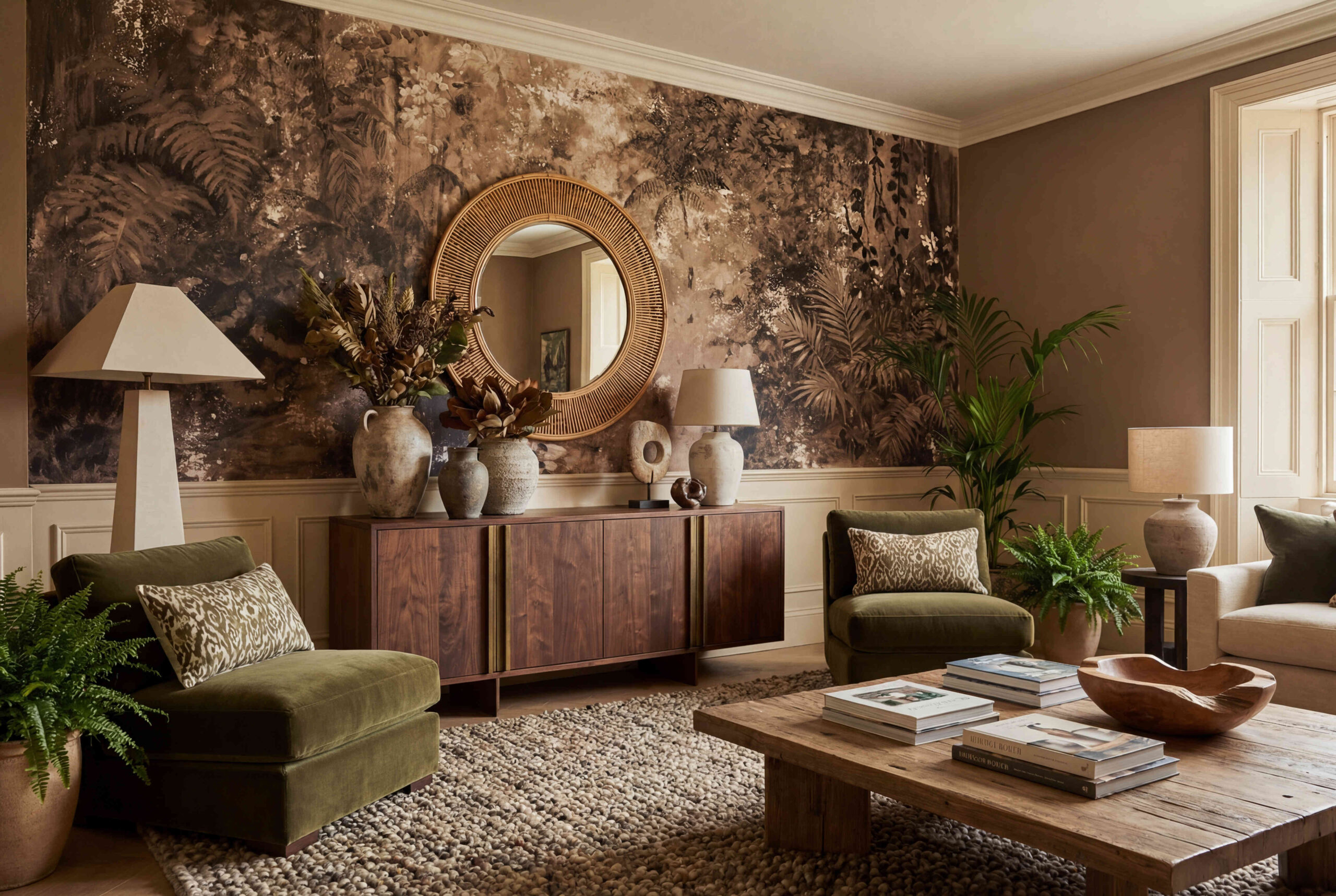 Musee | Tropical Fresco Wall Mural Artistic wall mural by Musee featuring a dense tropical jungle scene with palms and ferns, rendered in a distressed, vintage oil painting style with textured, weathered effects.