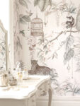 Full color chinoiserie style wall mural by Musee featuring tigers, peacocks, monkeys, and birdcages in a lush garden, luxury wallpaper Dubai.