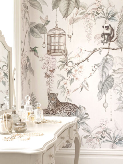 Full color chinoiserie style wall mural by Musee featuring tigers, peacocks, monkeys, and birdcages in a lush garden, luxury wallpaper Dubai.