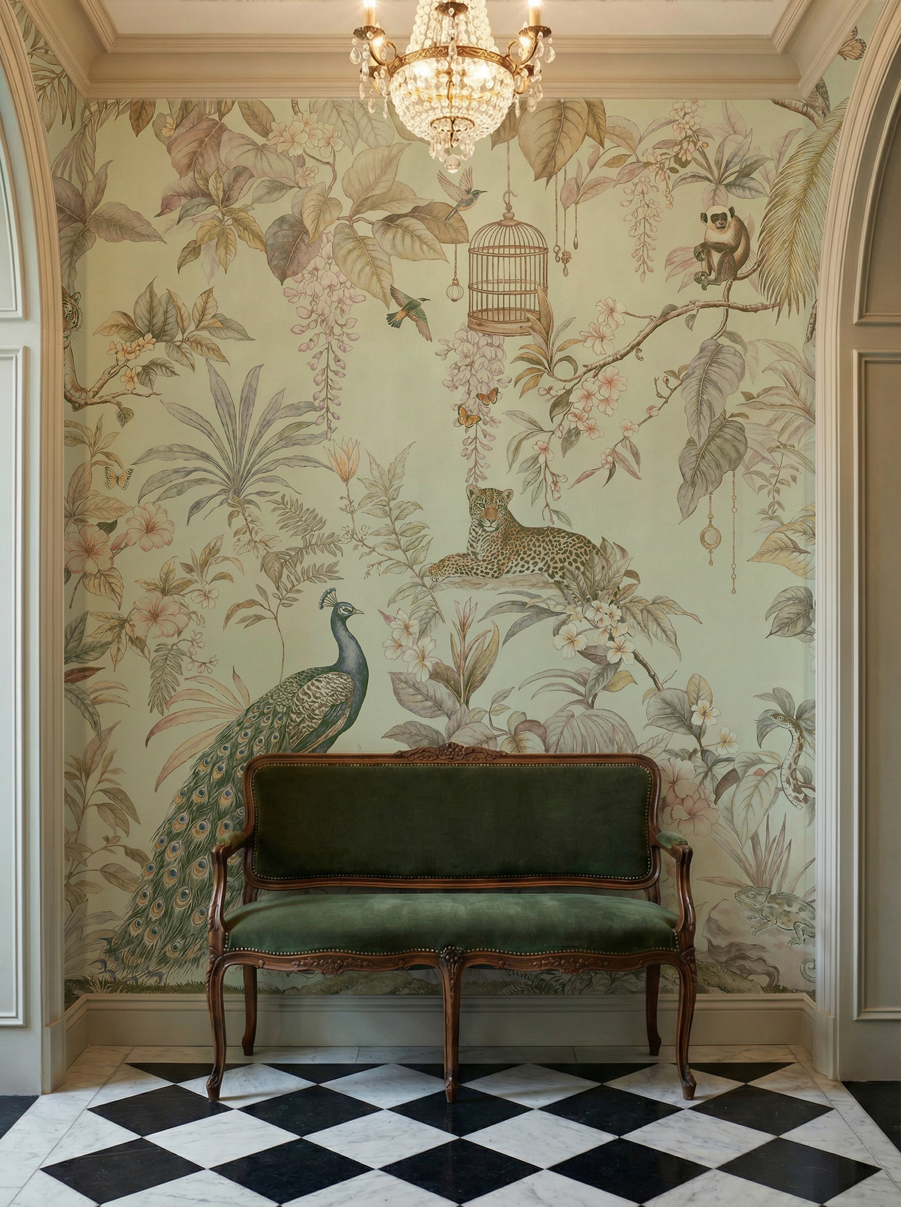 Musee | Royal Menagerie Vivid Wall Mural Full color chinoiserie style wall mural by Musee featuring tigers, peacocks, monkeys, and birdcages in a lush garden, luxury wallpaper Dubai.