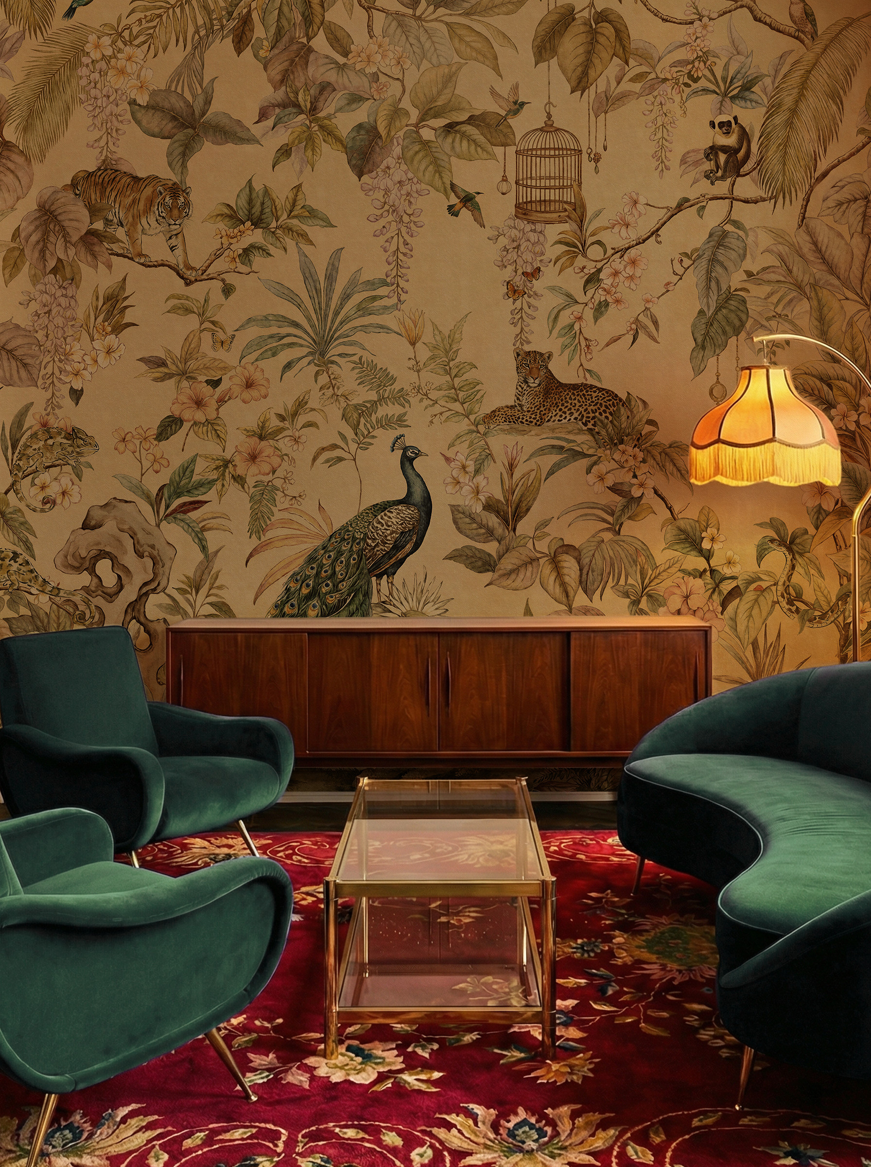 Musee | Royal Menagerie Vivid Wall Mural Full color chinoiserie style wall mural by Musee featuring tigers, peacocks, monkeys, and birdcages in a lush garden, luxury wallpaper Dubai.