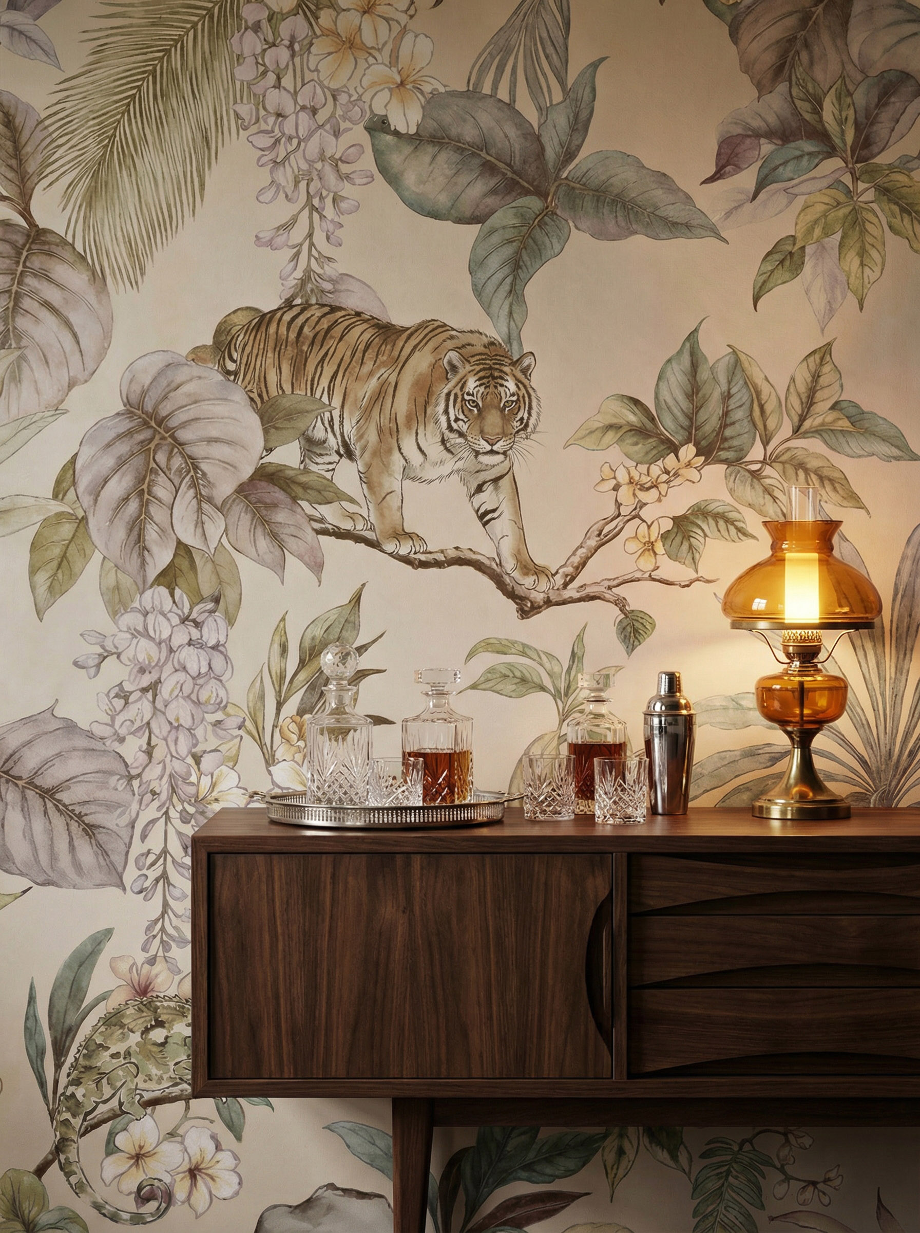 Musee | Royal Menagerie Vivid Wall Mural Full color chinoiserie style wall mural by Musee featuring tigers, peacocks, monkeys, and birdcages in a lush garden, luxury wallpaper Dubai.