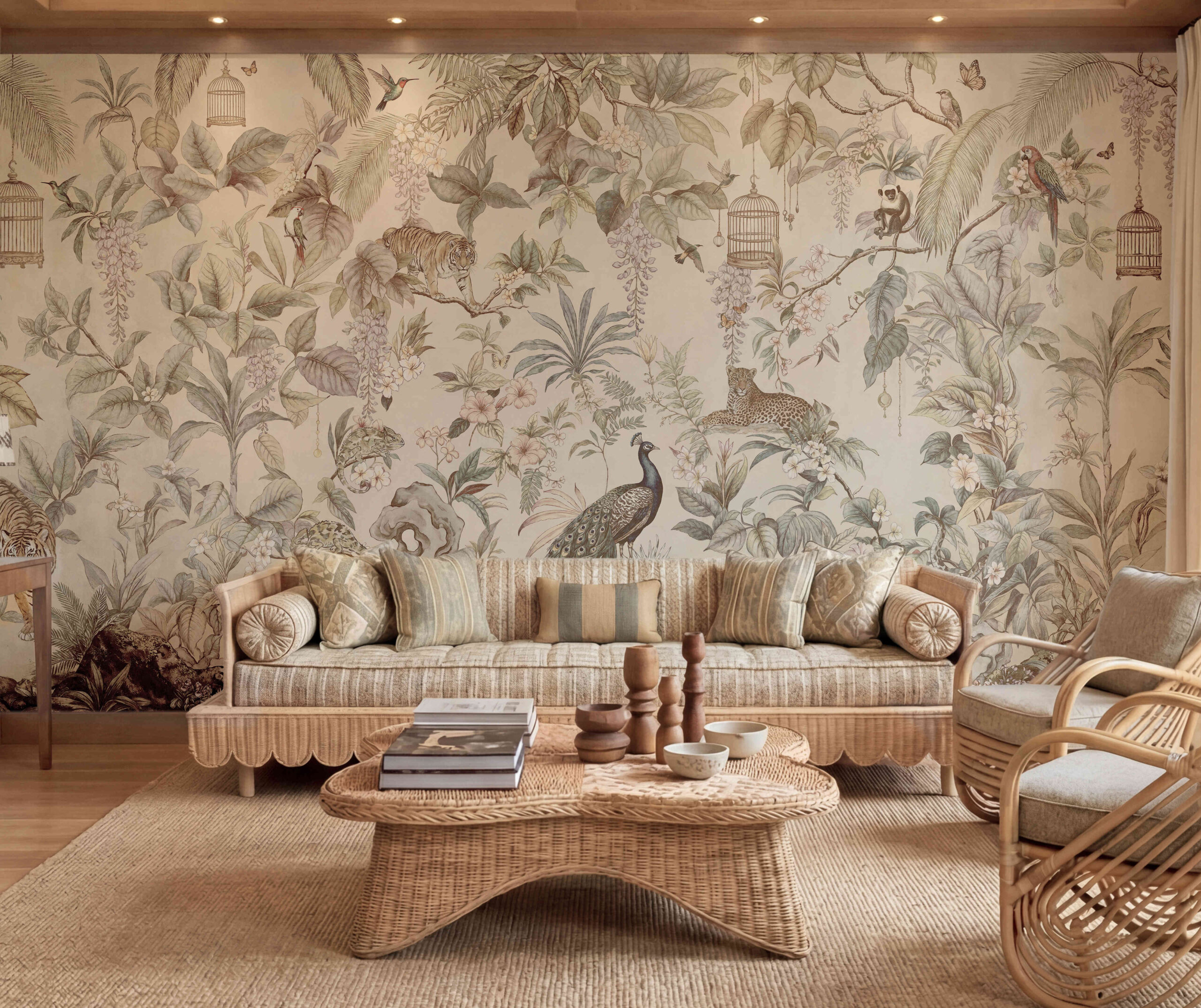 Musee | Royal Menagerie Vivid Wall Mural Full color chinoiserie style wall mural by Musee featuring tigers, peacocks, monkeys, and birdcages in a lush garden, luxury wallpaper Dubai.