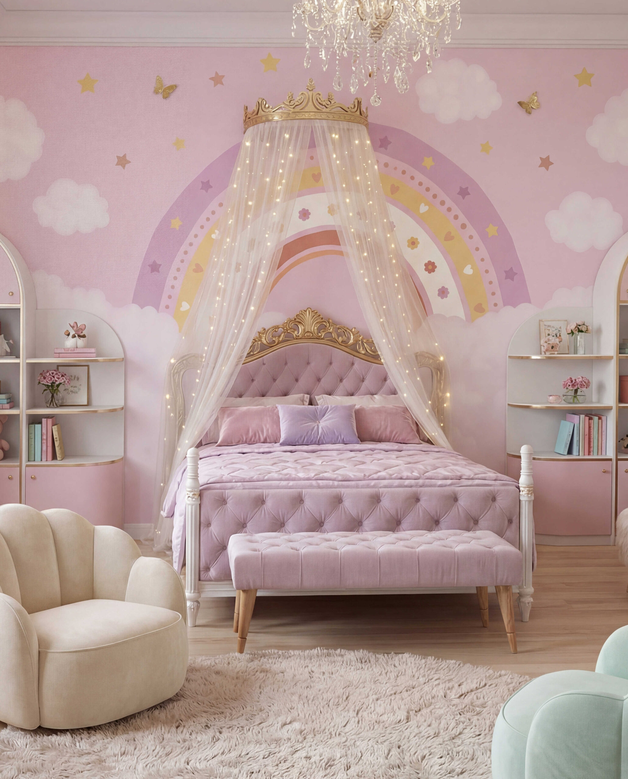 Musee | Rainbow Reverie Wall Mural Children's wall mural by Musee featuring a large stylized rainbow decorated with stars, hearts, and flowers rising from soft fluffy clouds in a dreamy sky.