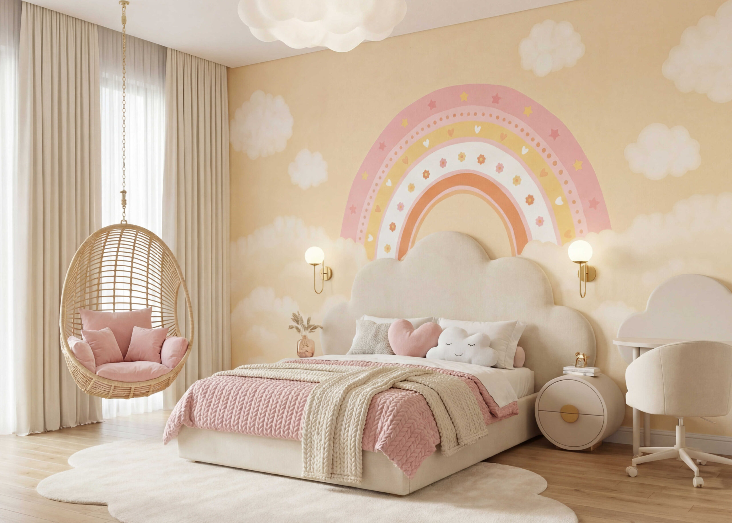 Musee | Rainbow Reverie Wall Mural Children's wall mural by Musee featuring a large stylized rainbow decorated with stars, hearts, and flowers rising from soft fluffy clouds in a dreamy sky.