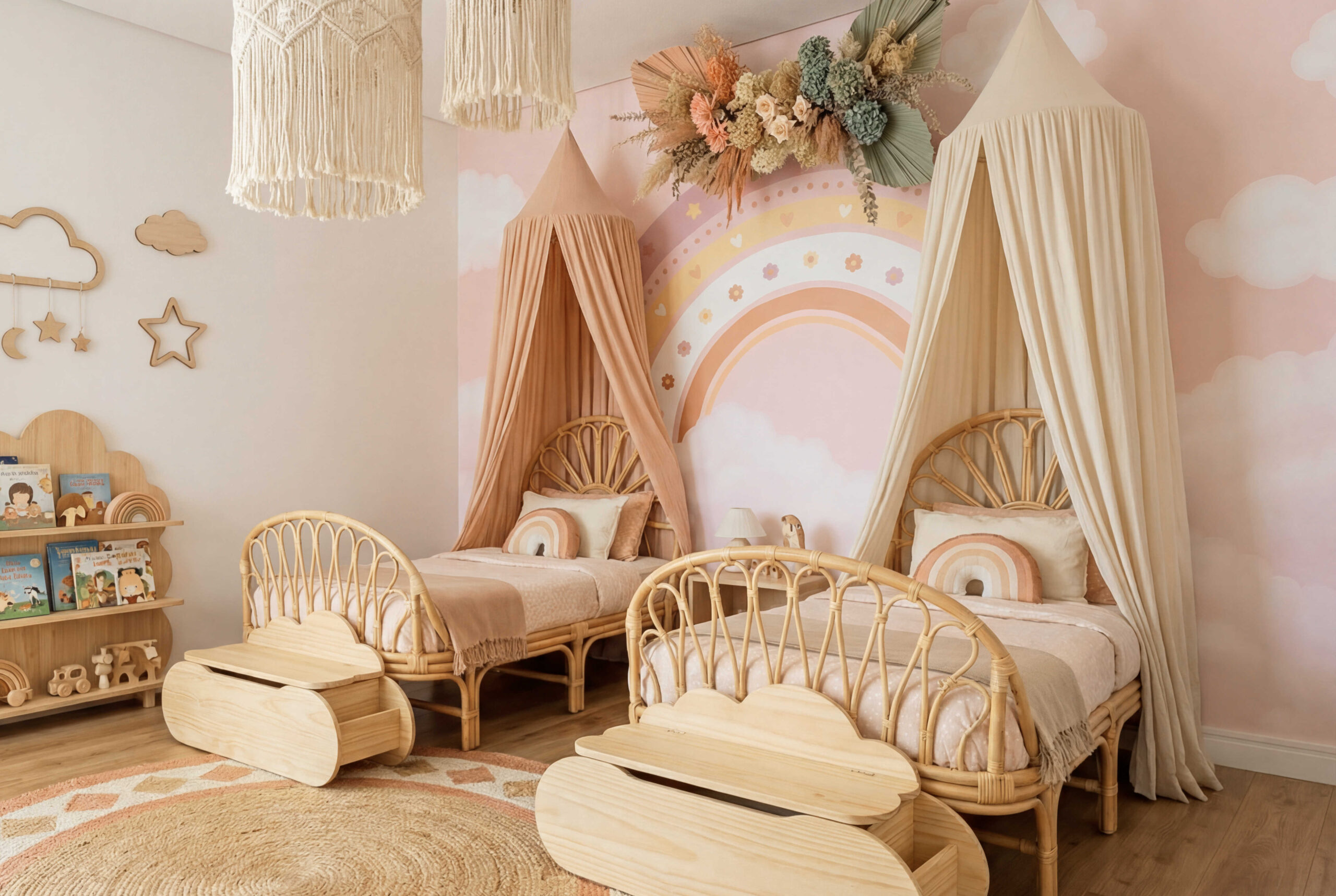 Musee | Rainbow Reverie Wall Mural Children's wall mural by Musee featuring a large stylized rainbow decorated with stars, hearts, and flowers rising from soft fluffy clouds in a dreamy sky.