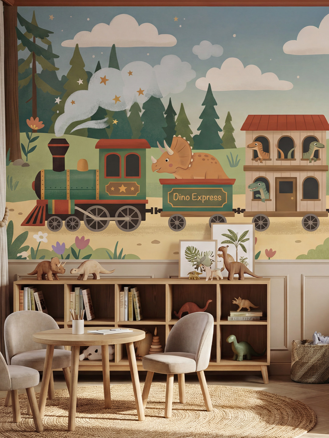 E031 产品主图 Illustrated children's wallpaper by Musee titled Dino Express, featuring a steam train carrying cute dinosaurs like Triceratops and Stegosaurus through a stylized forest with clouds and stars.