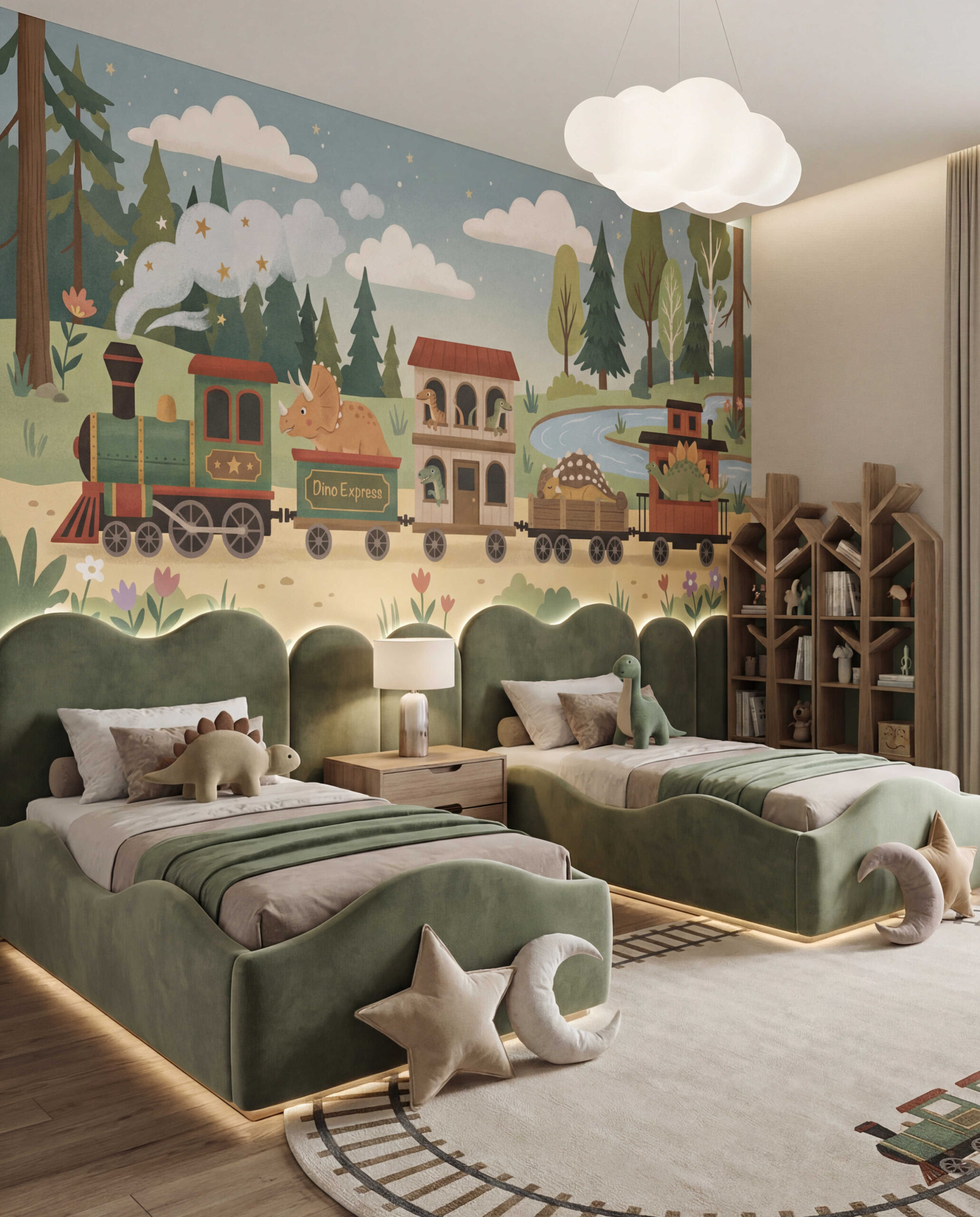 Musee | Dino Express Wall Mural Illustrated children's wallpaper by Musee titled Dino Express, featuring a steam train carrying cute dinosaurs like Triceratops and Stegosaurus through a stylized forest with clouds and stars.