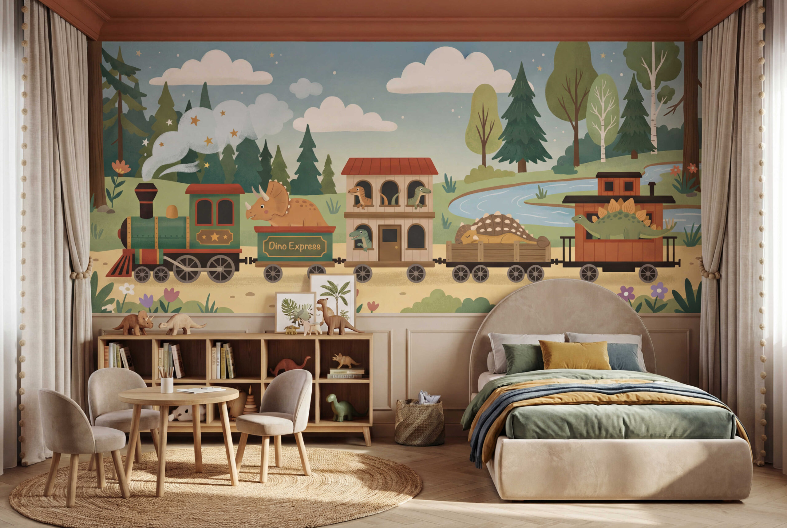 Musee | Dino Express Wall Mural Illustrated children's wallpaper by Musee titled Dino Express, featuring a steam train carrying cute dinosaurs like Triceratops and Stegosaurus through a stylized forest with clouds and stars.