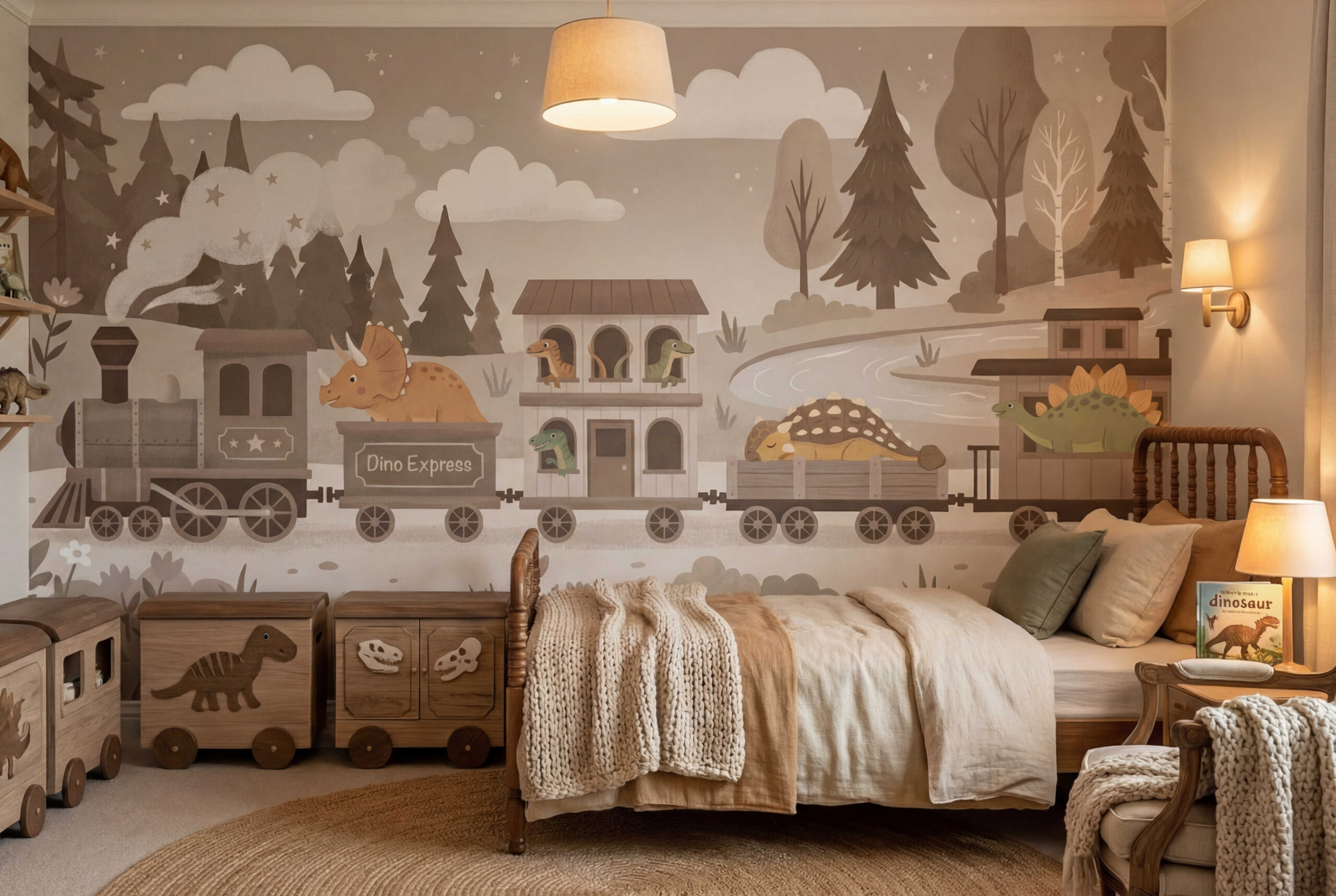 Musee | Dino Express Wall Mural Illustrated children's wallpaper by Musee titled Dino Express, featuring a steam train carrying cute dinosaurs like Triceratops and Stegosaurus through a stylized forest with clouds and stars.