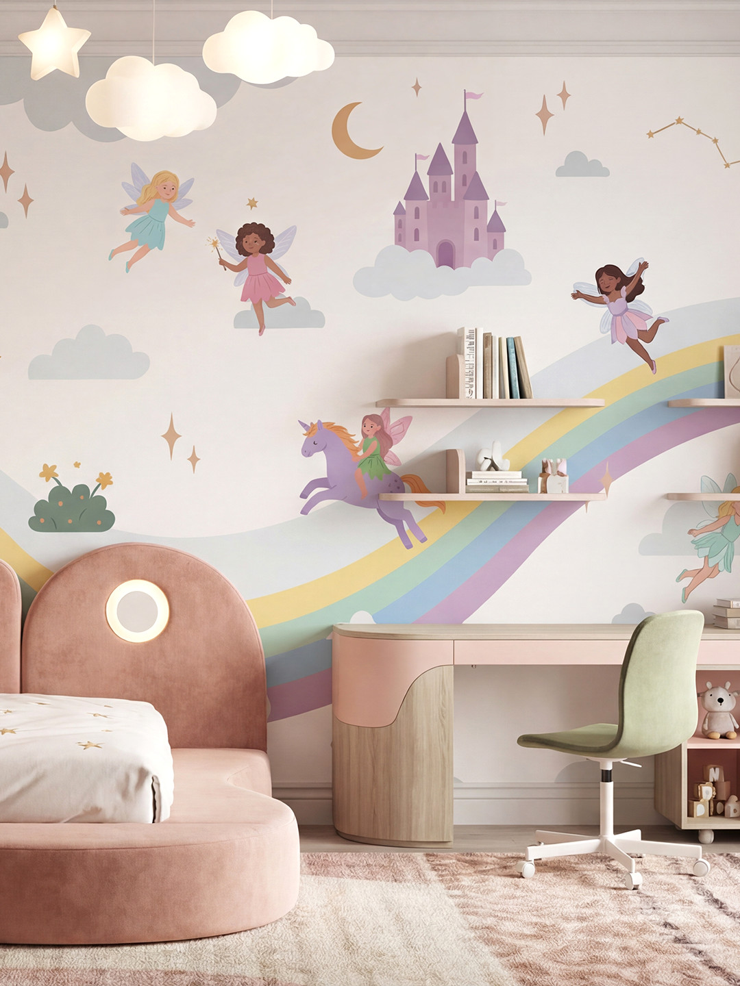 E032 产品主图 Unicorn Fairyland wall mural with hand-drawn unicorns and fairies in a storybook fantasy illustration style
