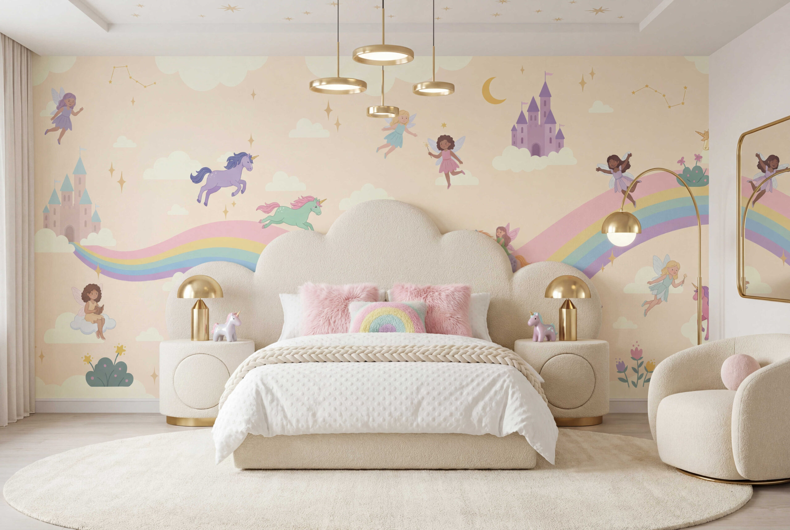Musee | Unicorn Fairyland Wall Mural Unicorn Fairyland wall mural with hand-drawn unicorns and fairies in a storybook fantasy illustration style