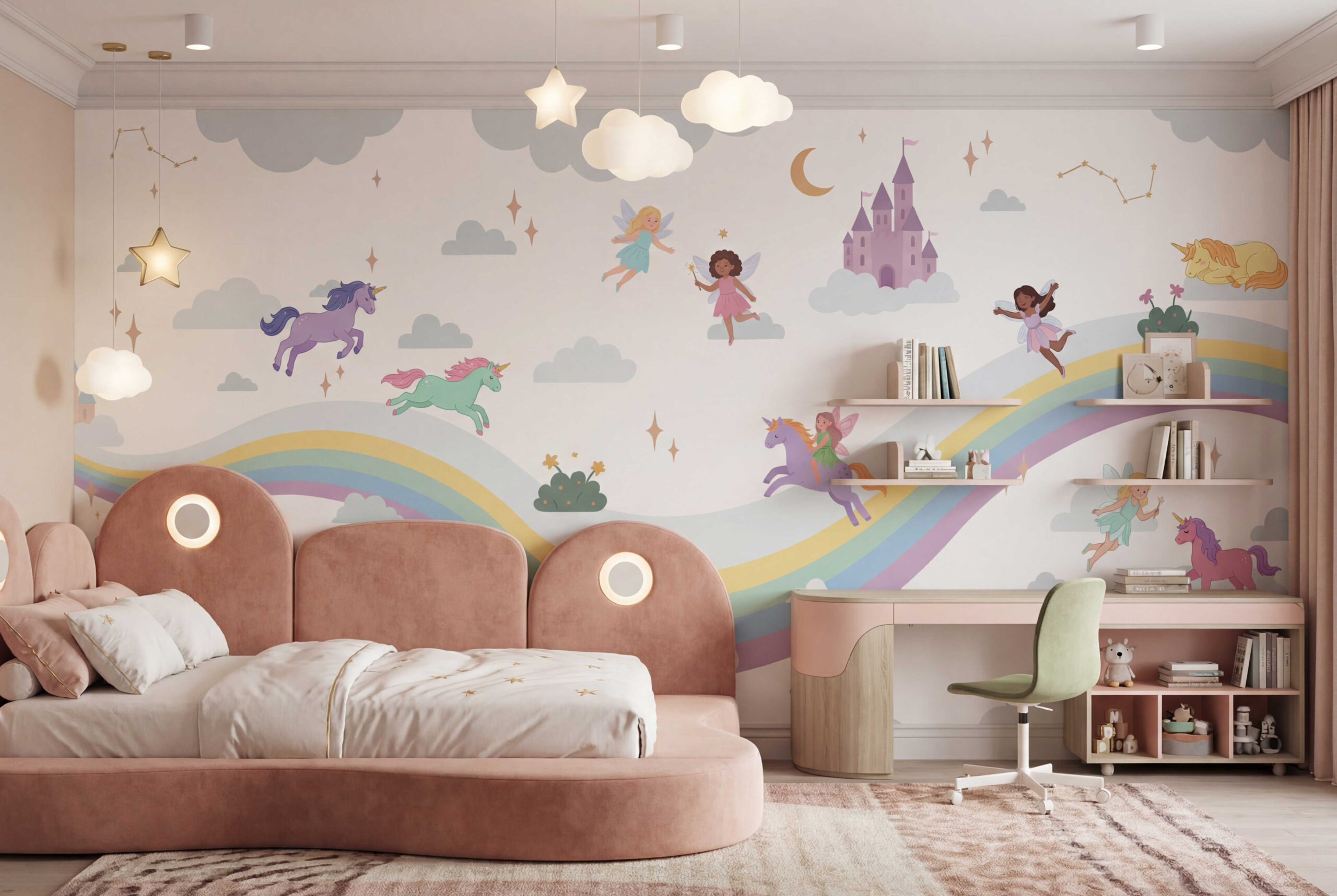 Musee | Unicorn Fairyland Wall Mural Unicorn Fairyland wall mural with hand-drawn unicorns and fairies in a storybook fantasy illustration style