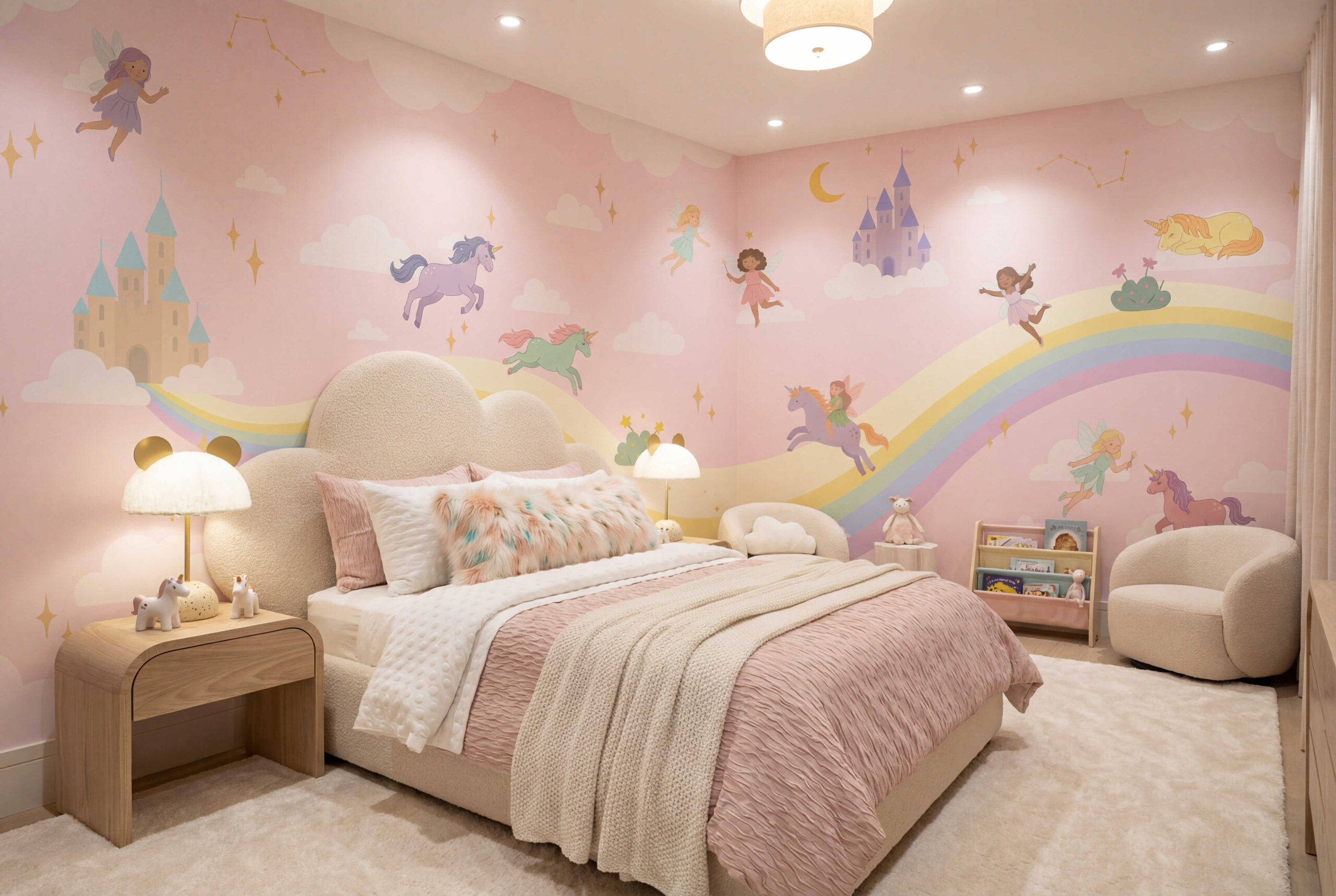 Musee | Unicorn Fairyland Wall Mural Unicorn Fairyland wall mural with hand-drawn unicorns and fairies in a storybook fantasy illustration style