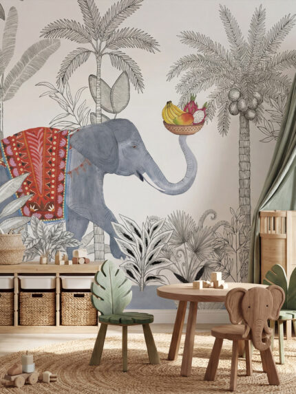Children's wall mural by Musee featuring a sketch-style tropical jungle background with a painted elephant carrying a basket of fruit with its trunk.