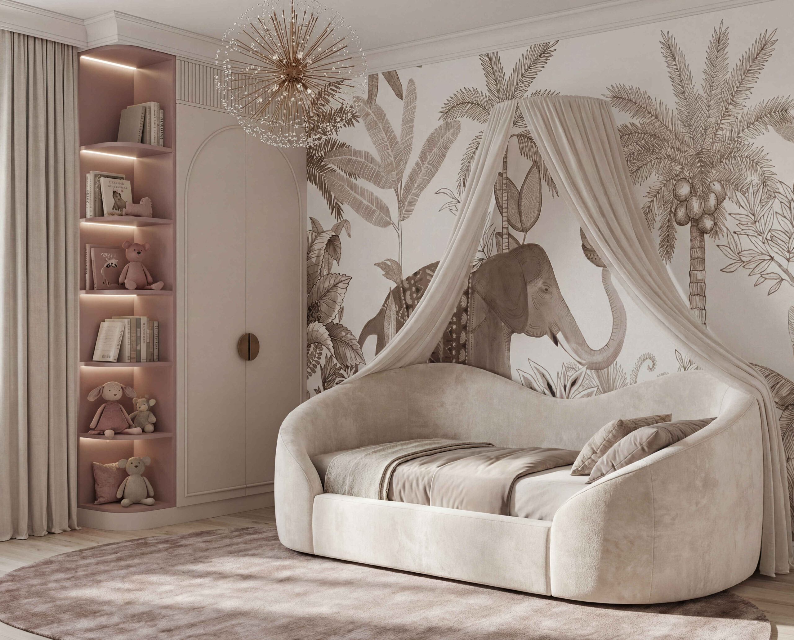 Musee | Jungle Jubilee Wall Mural Children's wall mural by Musee featuring a sketch-style tropical jungle background with a painted elephant carrying a basket of fruit with its trunk.