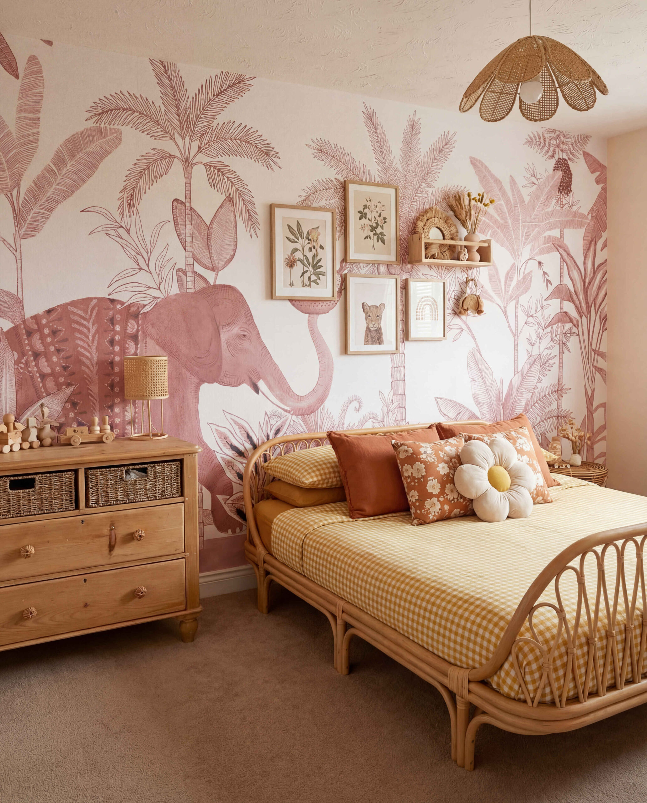 Musee | Jungle Jubilee Wall Mural Children's wall mural by Musee featuring a sketch-style tropical jungle background with a painted elephant carrying a basket of fruit with its trunk.