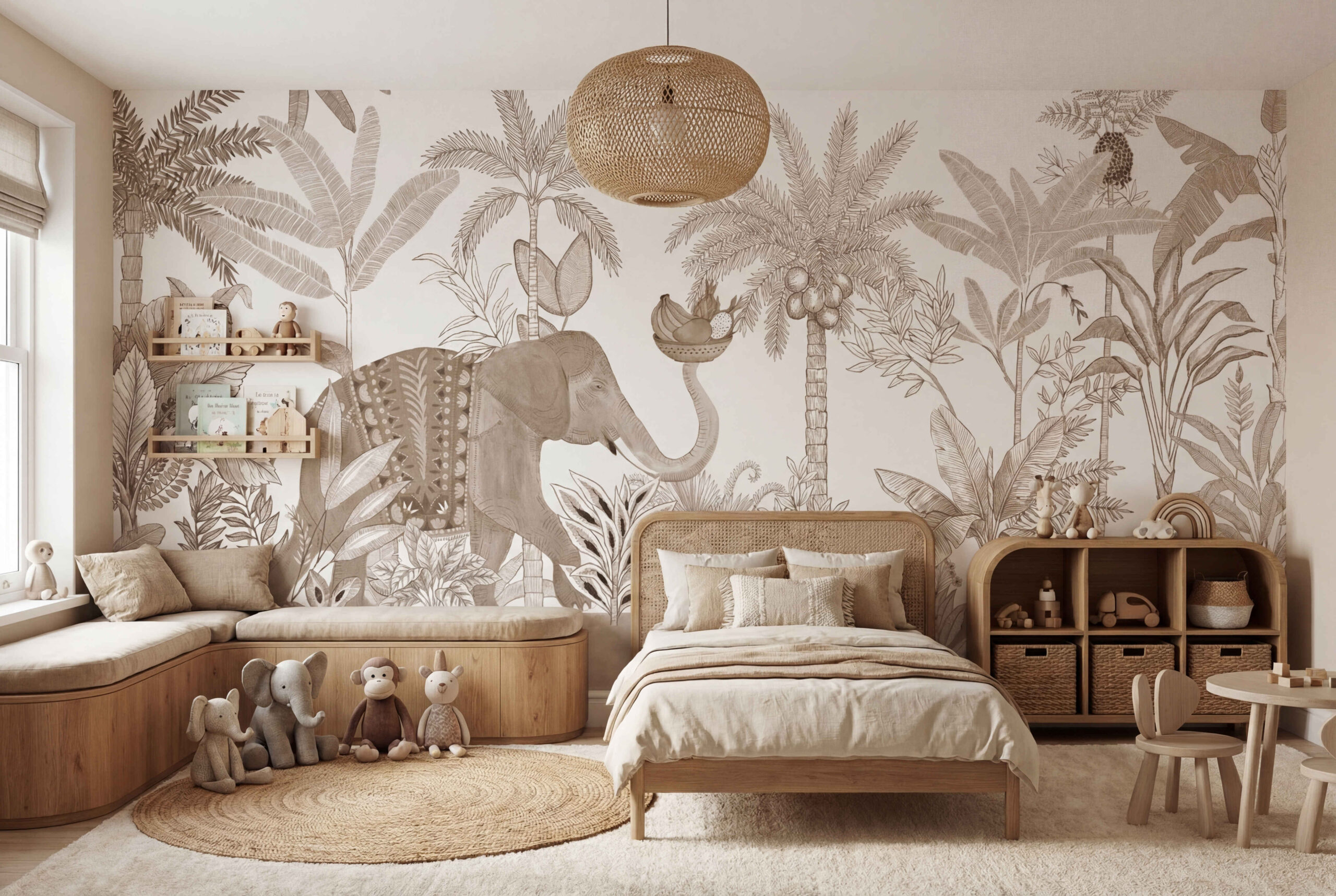Musee | Jungle Jubilee Wall Mural Children's wall mural by Musee featuring a sketch-style tropical jungle background with a painted elephant carrying a basket of fruit with its trunk.