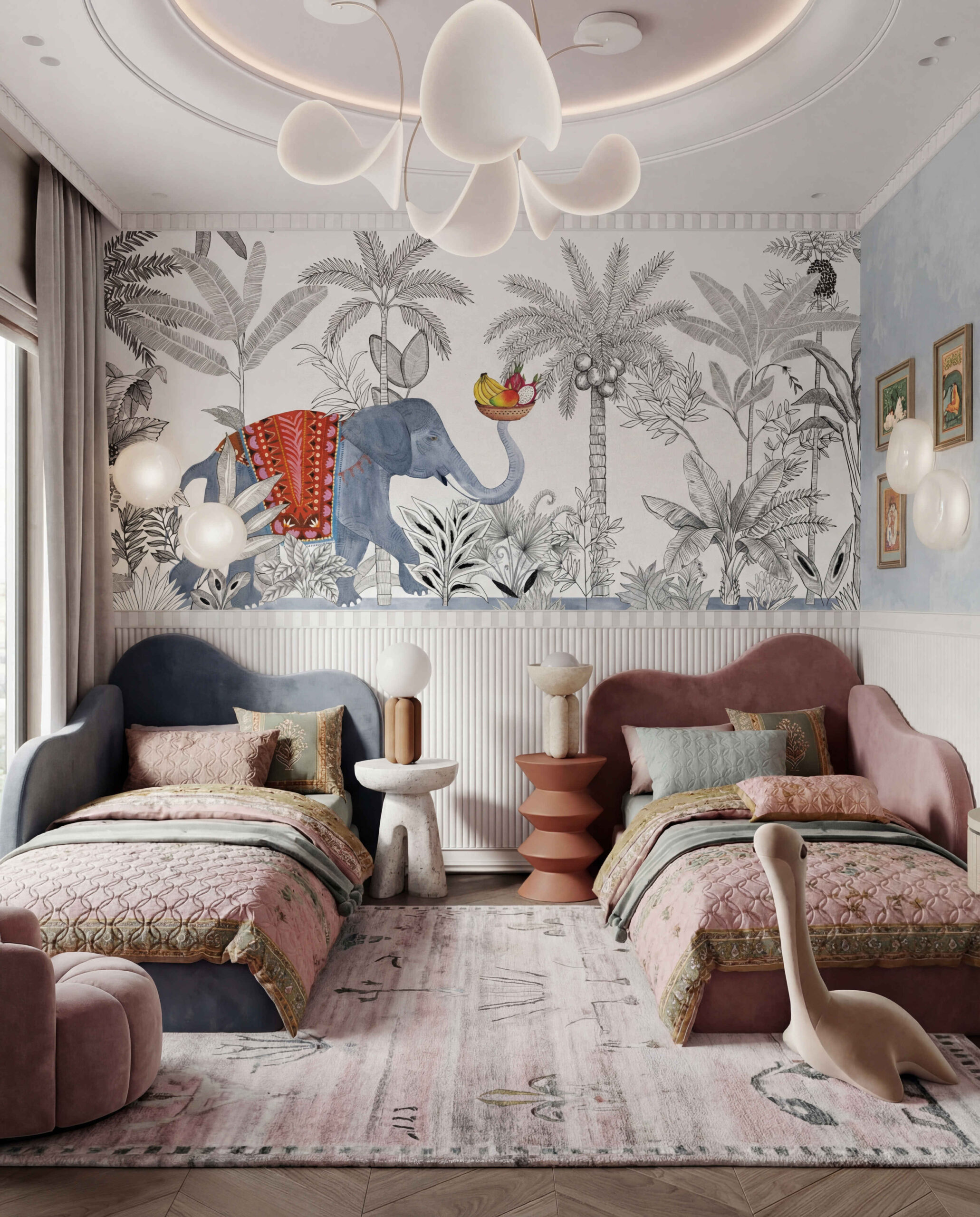 Musee | Jungle Jubilee Wall Mural Children's wall mural by Musee featuring a sketch-style tropical jungle background with a painted elephant carrying a basket of fruit with its trunk.