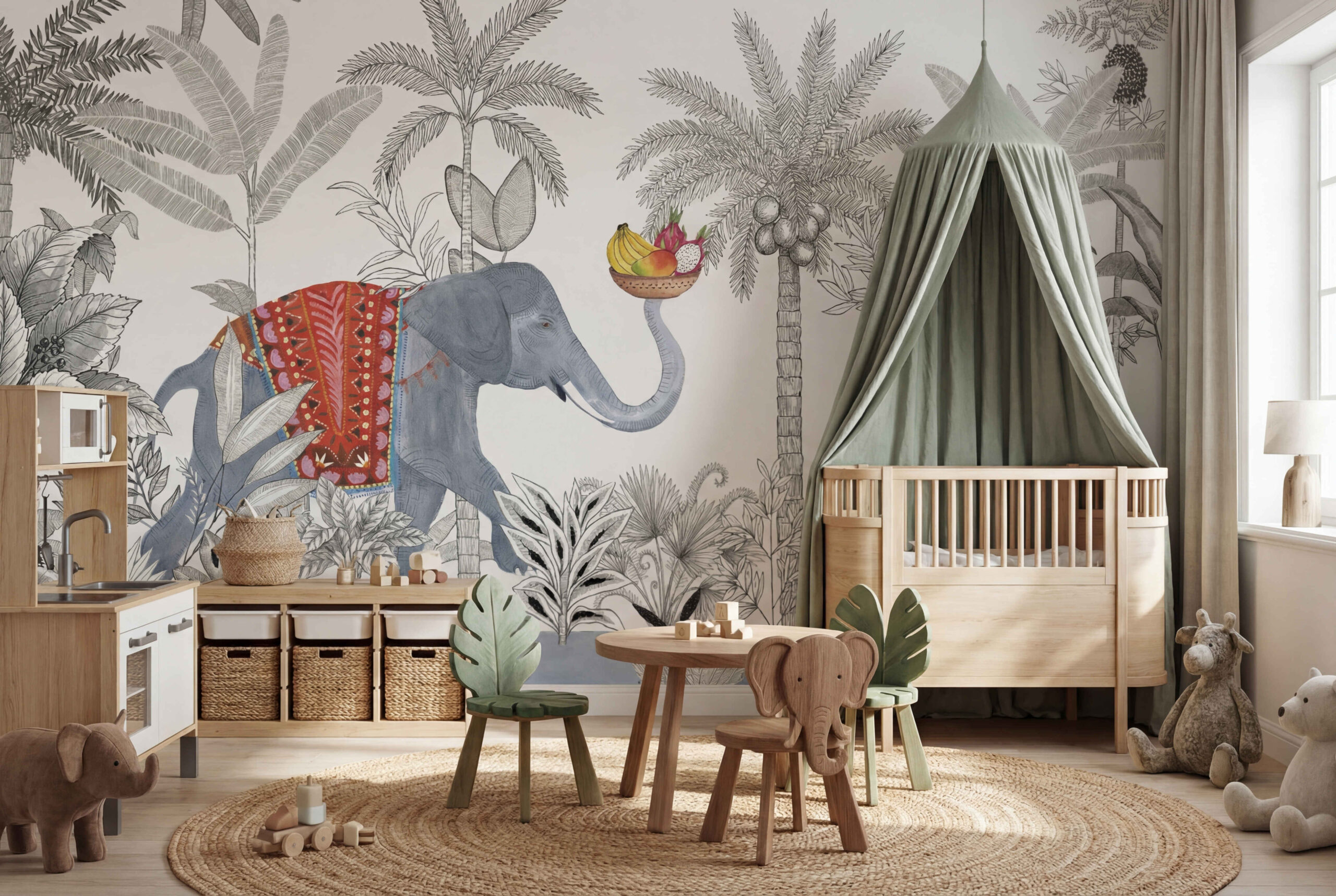 Musee | Jungle Jubilee Wall Mural Children's wall mural by Musee featuring a sketch-style tropical jungle background with a painted elephant carrying a basket of fruit with its trunk.