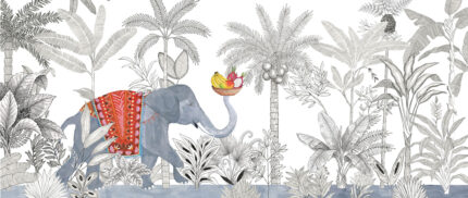 Children's wall mural by Musee featuring a sketch-style tropical jungle background with a painted elephant carrying a basket of fruit with its trunk.