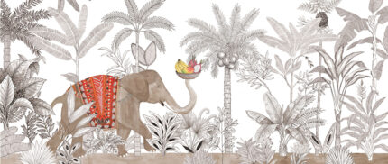 Children's wall mural by Musee featuring a sketch-style tropical jungle background with a painted elephant carrying a basket of fruit with its trunk.