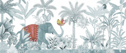 Children's wall mural by Musee featuring a sketch-style tropical jungle background with a painted elephant carrying a basket of fruit with its trunk.